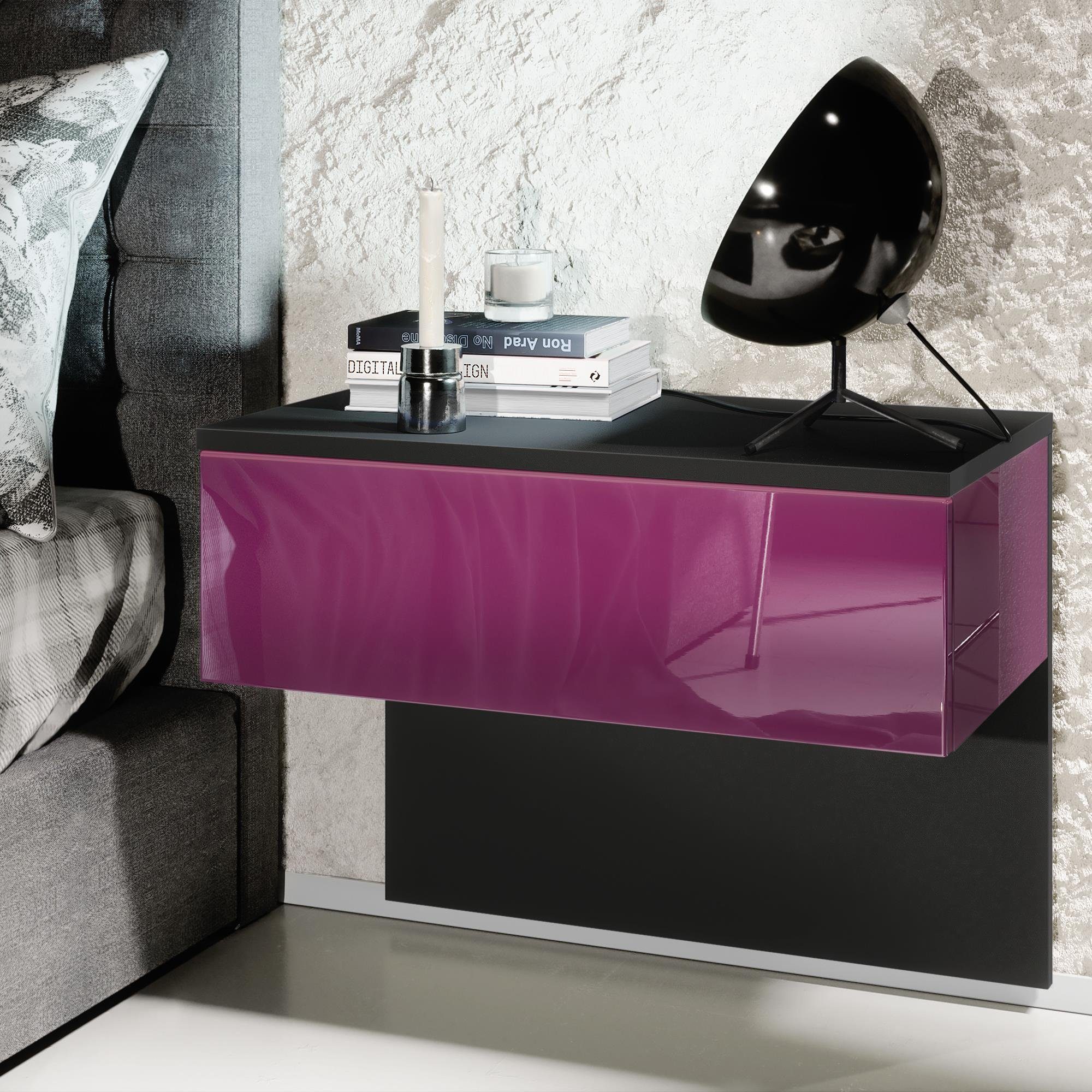 Vladon Nachttisch Sleep (Nachttischschrank, mit Schublade zur Wandmontage), Schwarz matt/Brombeer Hochglanz (60 x 46 x 35 cm)
