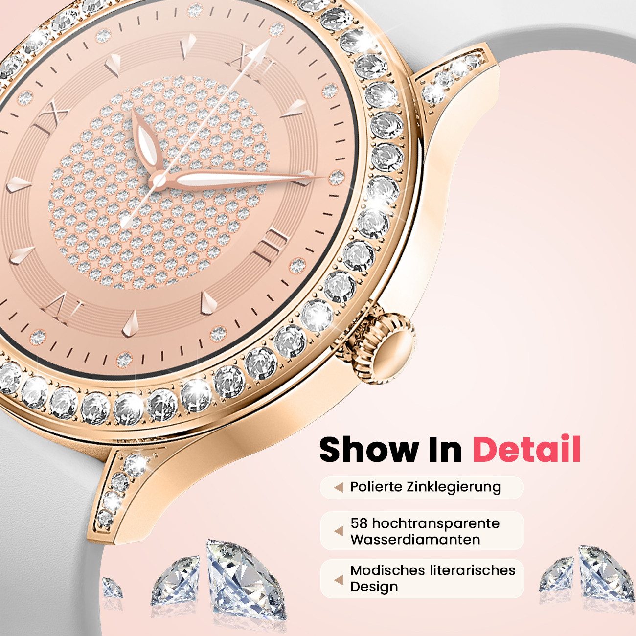 ANYSUN Smartwatch Damen mit Bluetooth-Anru/ mit 58 Diamanten Smartwatch (1,27 Zoll) Fitness Tracker Uhr für Damen Herren mit Schlafmonitor, IP68 Wasserdicht/120+ Sportmodi/Damen-Sportuhr für Android iOS