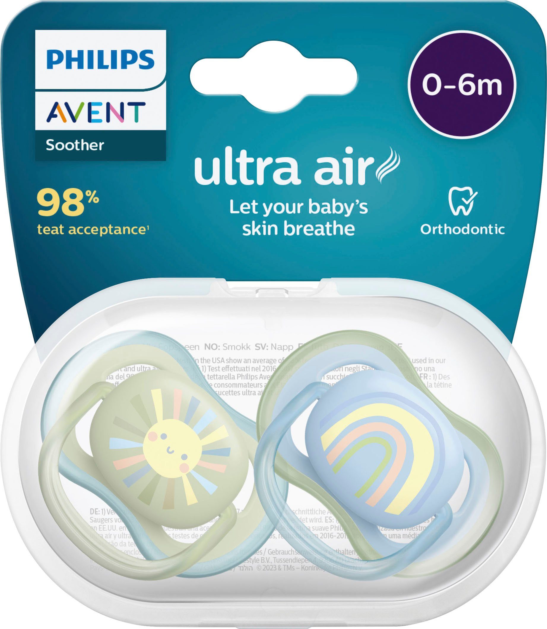 Philips AVENT Schnuller ultra air bis SCF085, Sterilisationsbox, mit Doppelpack, blau/grün 0 und Monate 6 Transport