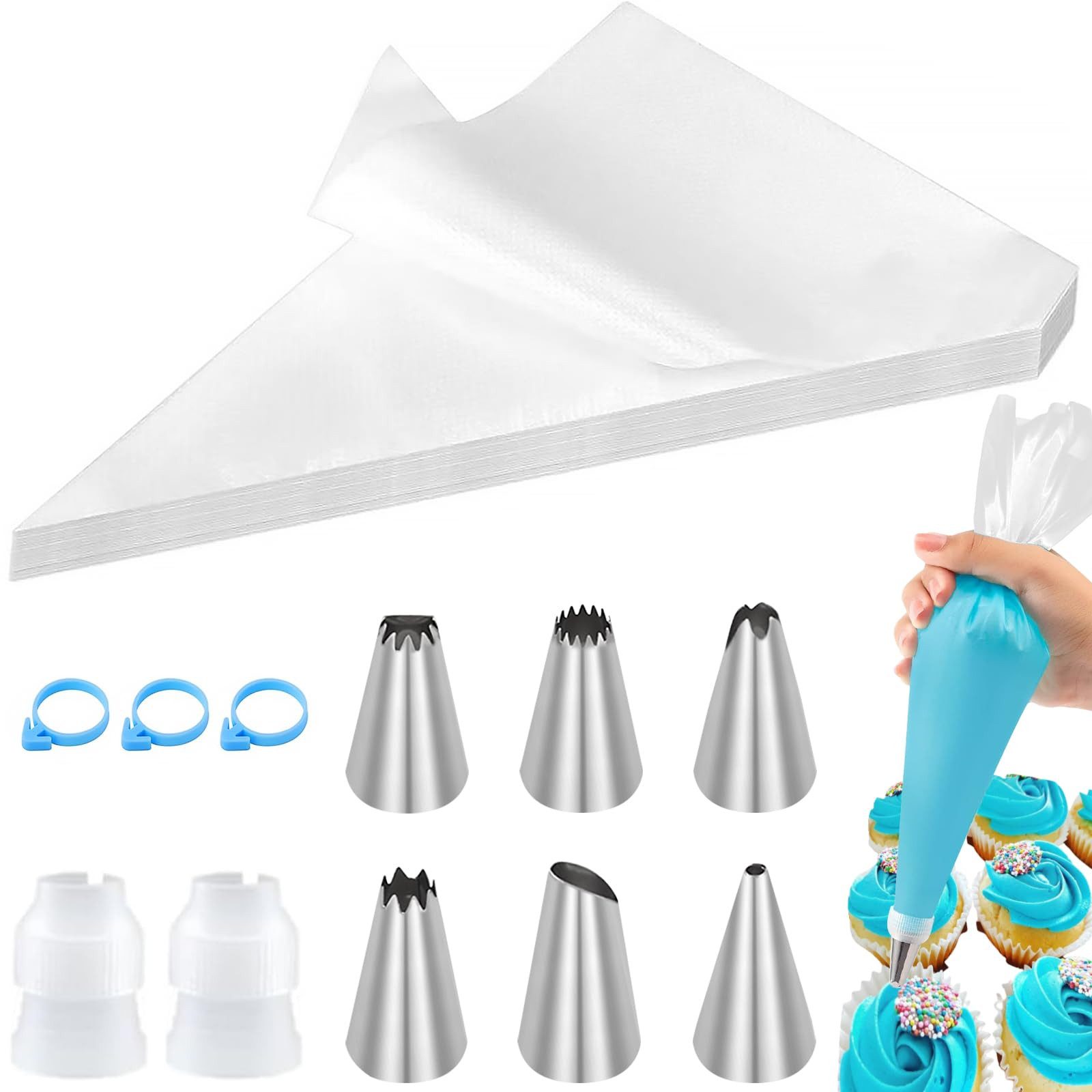 FOUORTUNATE-BEE Spritzbeutel 100 Spritzbeutel Set mit 6 Tüllen 2 Adapter Backzubehör Kuchen Back Spritzbeutel Set 100 Stück mit Tüllen für Kuchen Deko