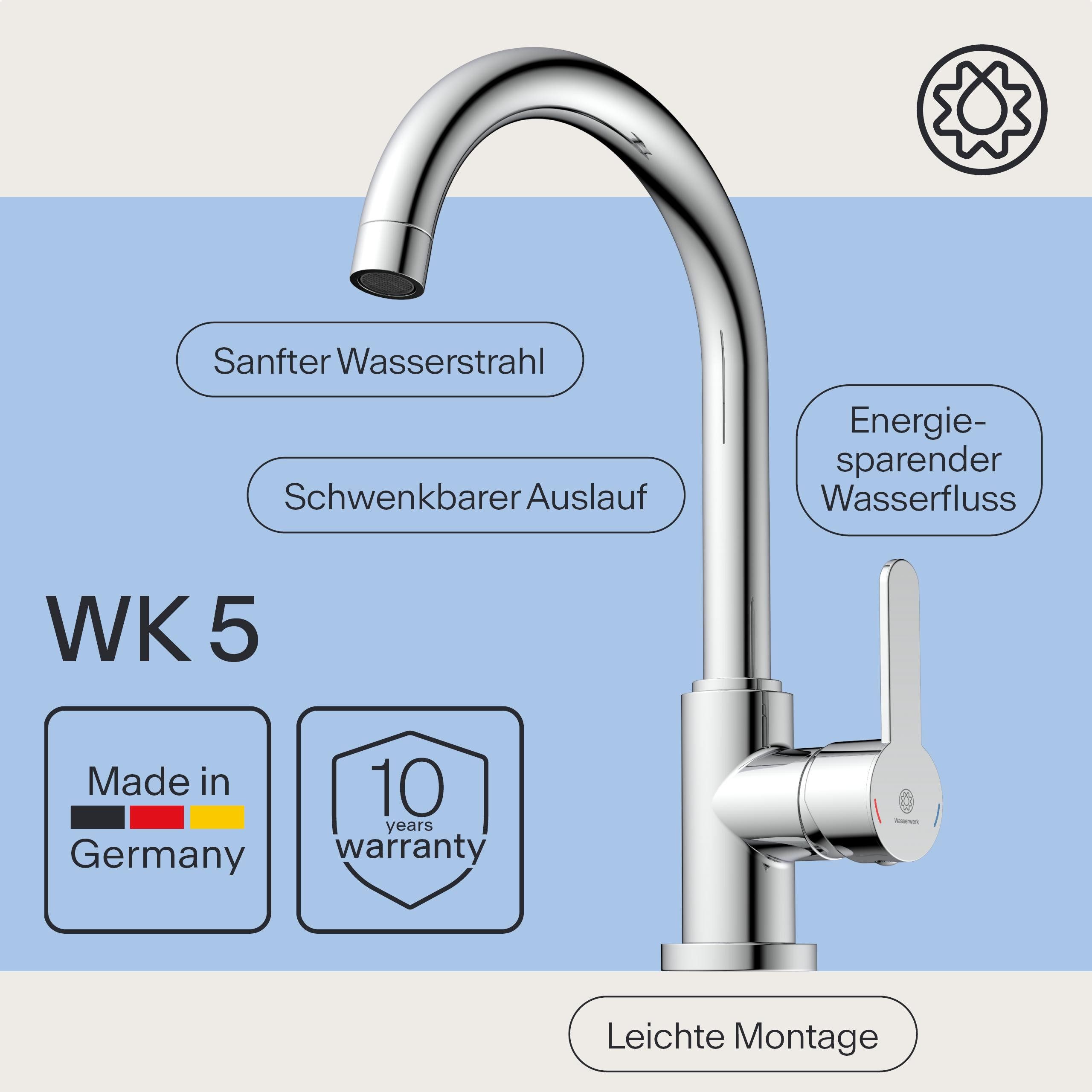 WASSERWERK Spültischarmatur WK 5, Wasserhahn, Küche, Einhebelmischer 360° schwenkbar, Cold-Start-Funkt., geräuscharm
