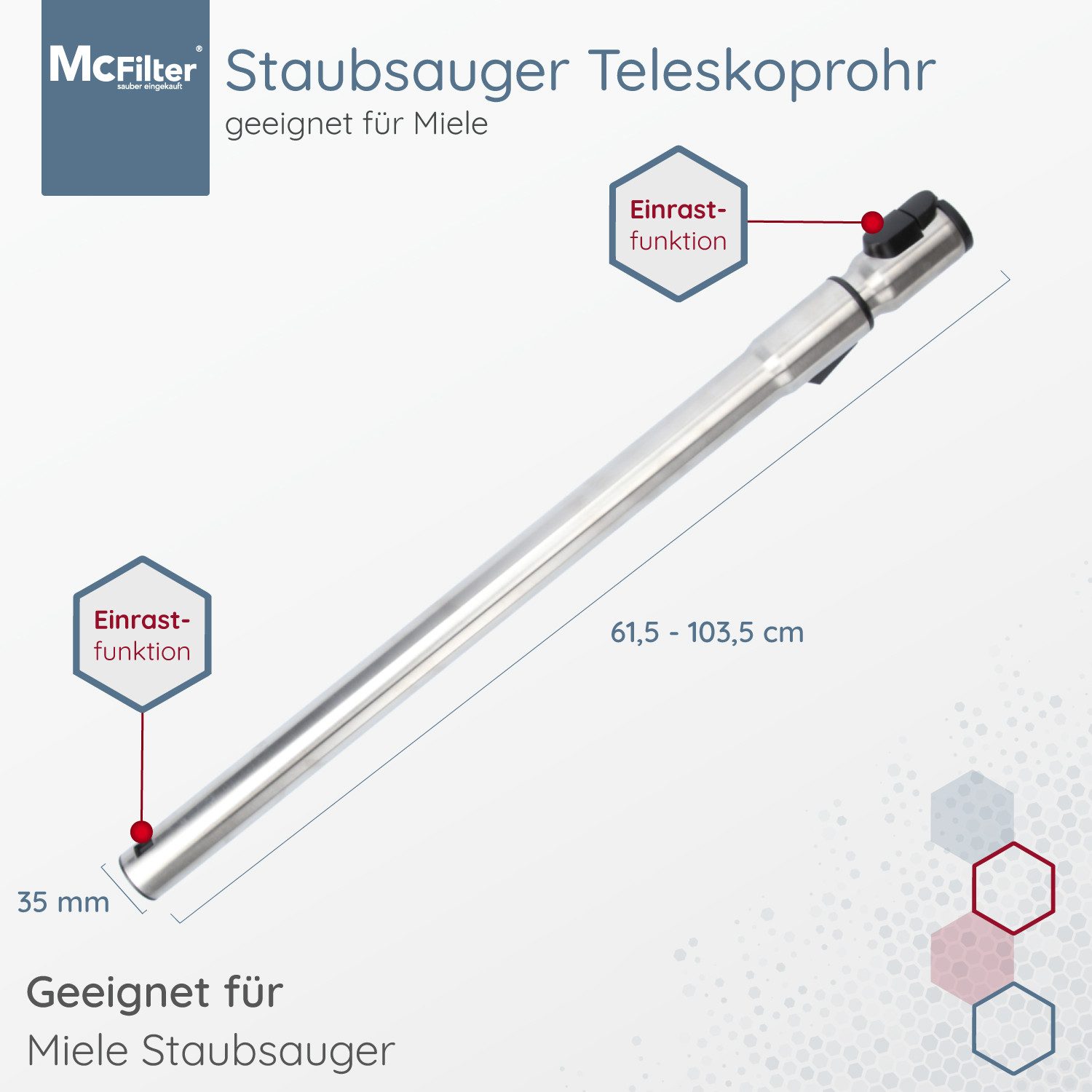 McFilter Teleskoprohr Saugrohr Rohr geeignet für Miele S8340 S 8340 / S 8360 S8360 / S8730, S 8730 / mit Anschluss Ø 35mm, Länge: ca. 61-103cm, mit Einrastsystem