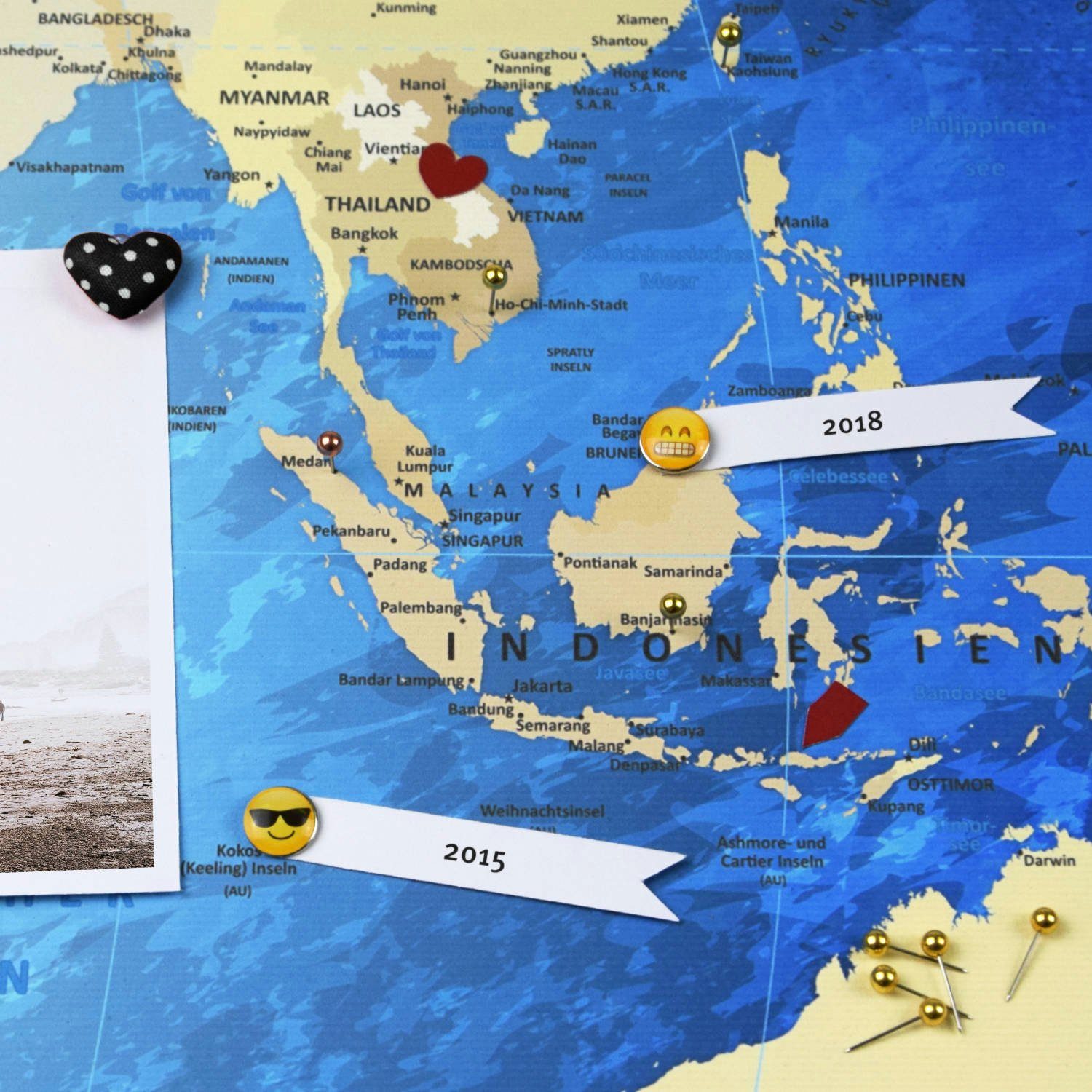 deutsche zum Weltkarte markieren LANA Blue KK Beschriftung Ocean Leinwandbild von Pinnwand Reisezielen,