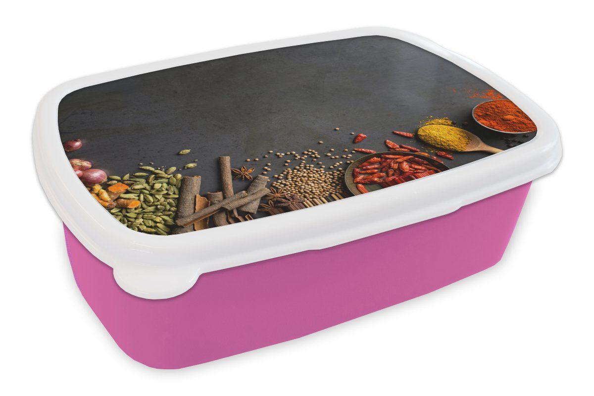 MuchoWow Lunchbox Kräuter - Lebensmittel - Gewürze - Schwarz - Paprika - Zimt, Kunststoff, (2-tlg), Brotbox für Erwachsene, Brotdose Kinder, Snackbox, Mädchen, Kunststoff rosa