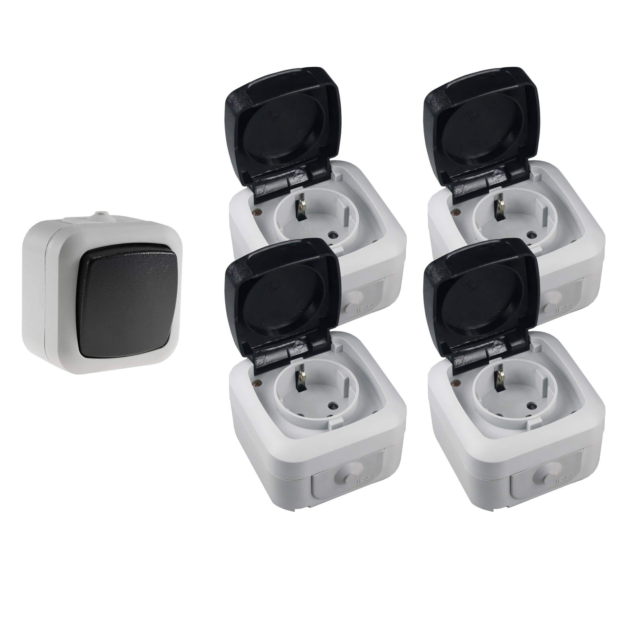 Aufputz-Steckdose Feuchtraum Steckdose Wechselschalter Set 5 teilig IP44 Aufputz grau