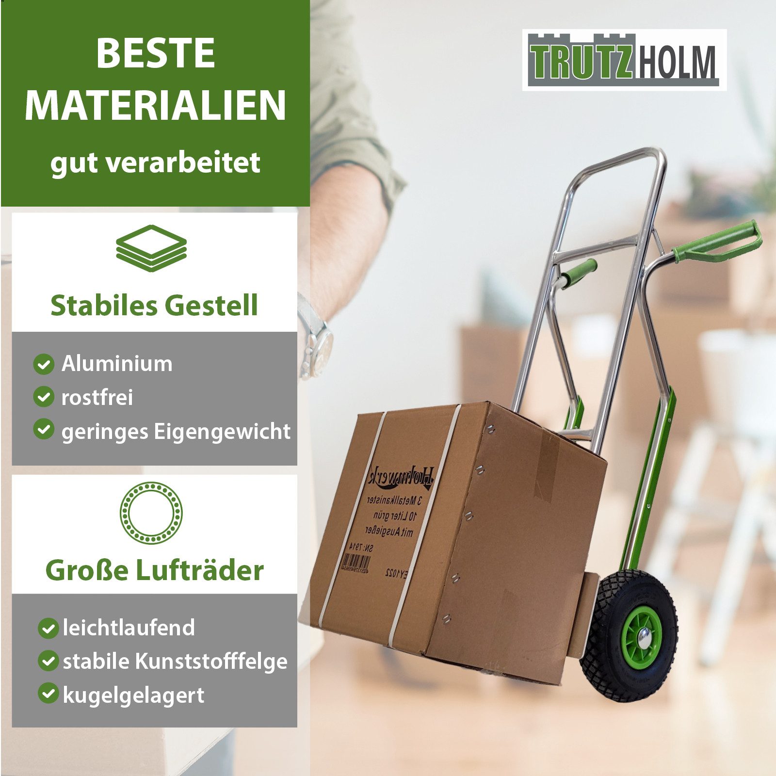 TRUTZHOLM Sackkarre mit Treppenrutsche Aluminium Lufträder Stapelkarre Transportkarre, Traglast 200 kg