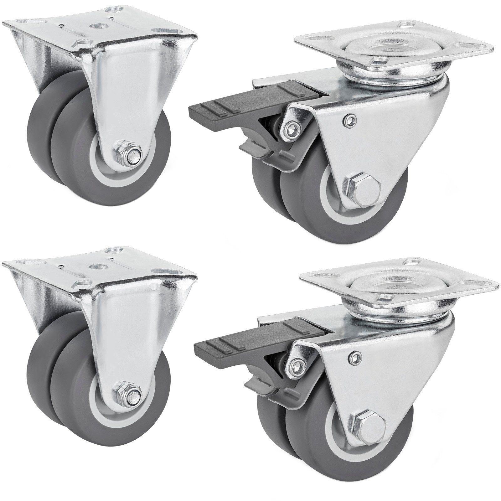 SO-TECH® Schwerlastrolle Doppelte Transportrolle Ø 50 mm mit Anschraubplatte 60x60 mm, bis 400 kg, 2x mit Bremse und 2x Bockrolle