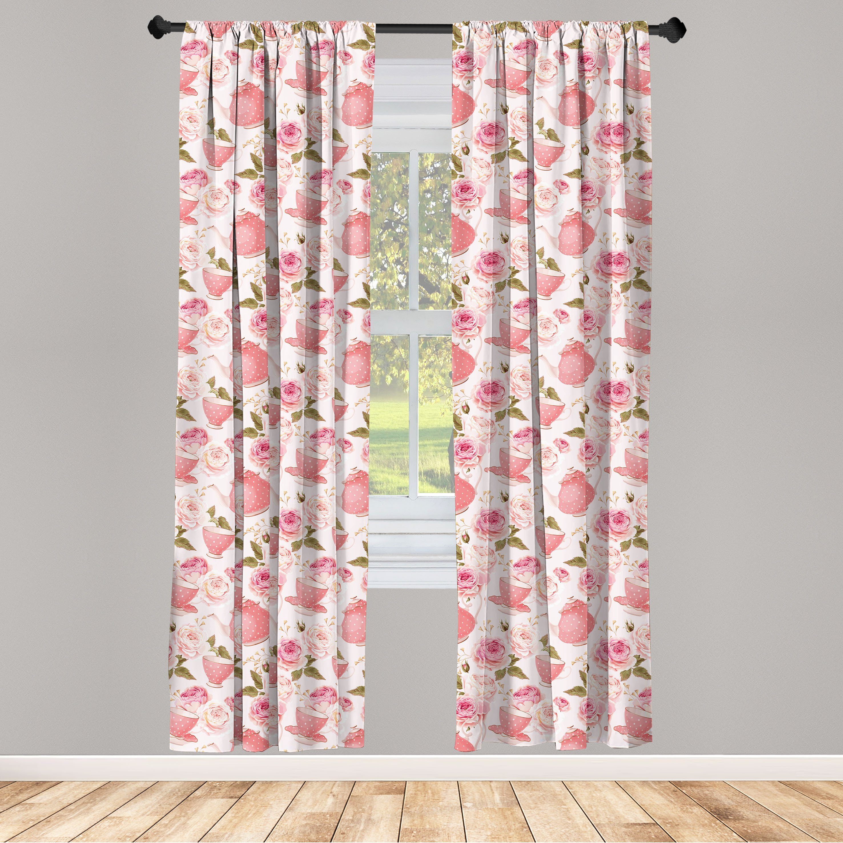 Gardine Vorhang für Wohnzimmer Schlafzimmer Dekor, Abakuhaus, Microfaser, Blumen Vintage Tea Cups Roses