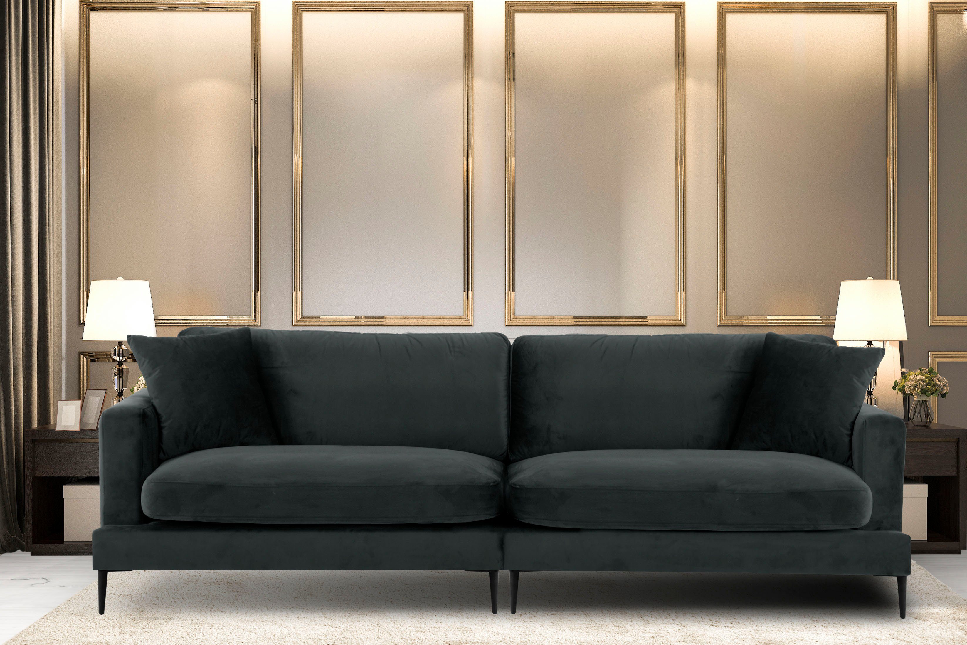 Leonique Big-Sofa Cozy elegantes Designsofa, Maße B/T/H: 252/97/80 cm, mit losen Kissen und Metallbeinen
