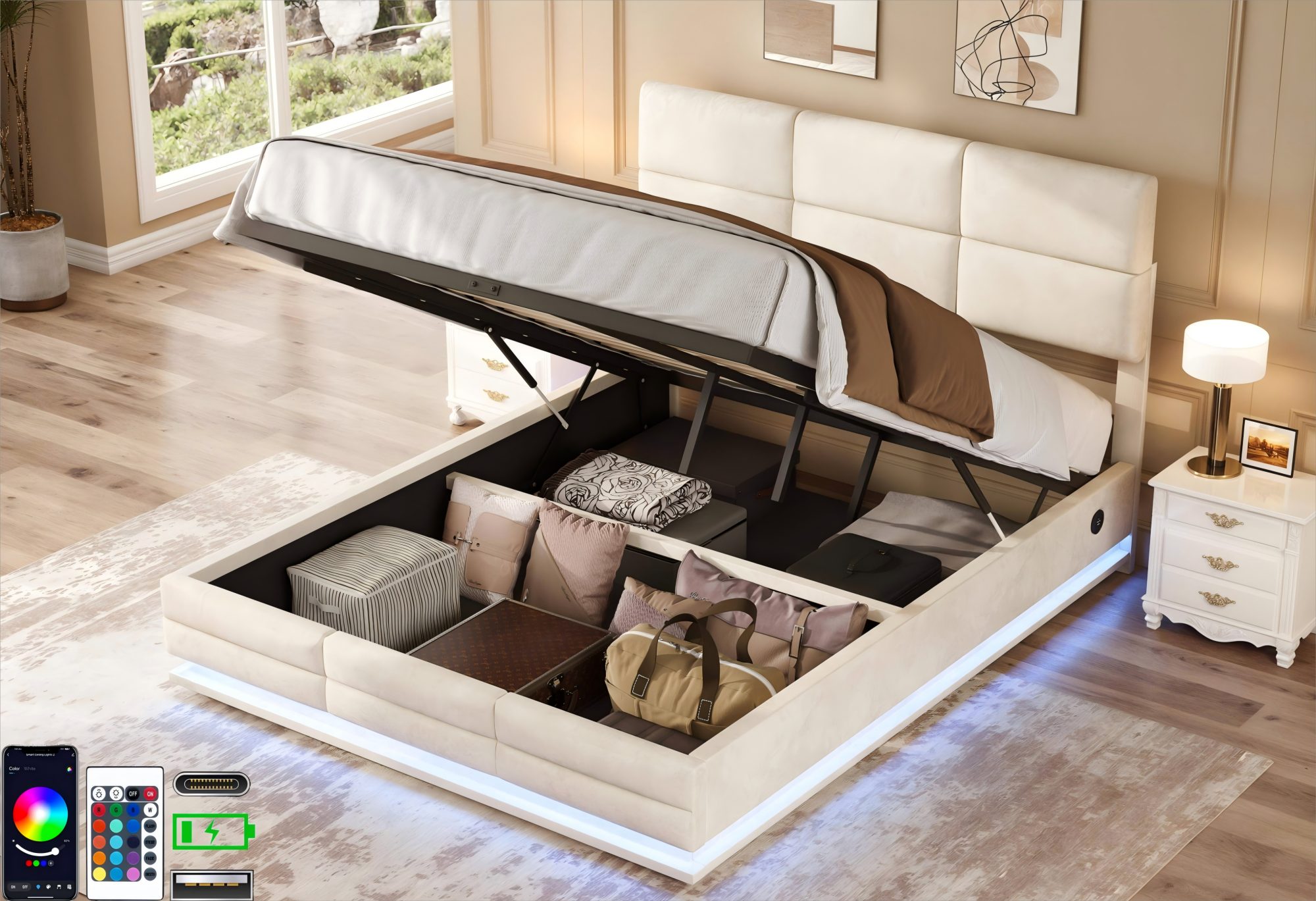 LVHOM Boxbett 90/140/160/180x200 cm mit LED, USB, Typ C-Ladeanschluss, Bettkasten (Weicher, hautfreundlicher Samtstoff, Leuchten in 16 Farben, Seitlicher Ladeanschluss, Integriertes Hydrauliksystem, Bettkasten Platzsparend, Bettgestell/Polsterbett/Doppelbett/Stauraumbett), Ideal für Schlafzimmer und Wohnungen, Moderner, tiefer Raum-Effekt