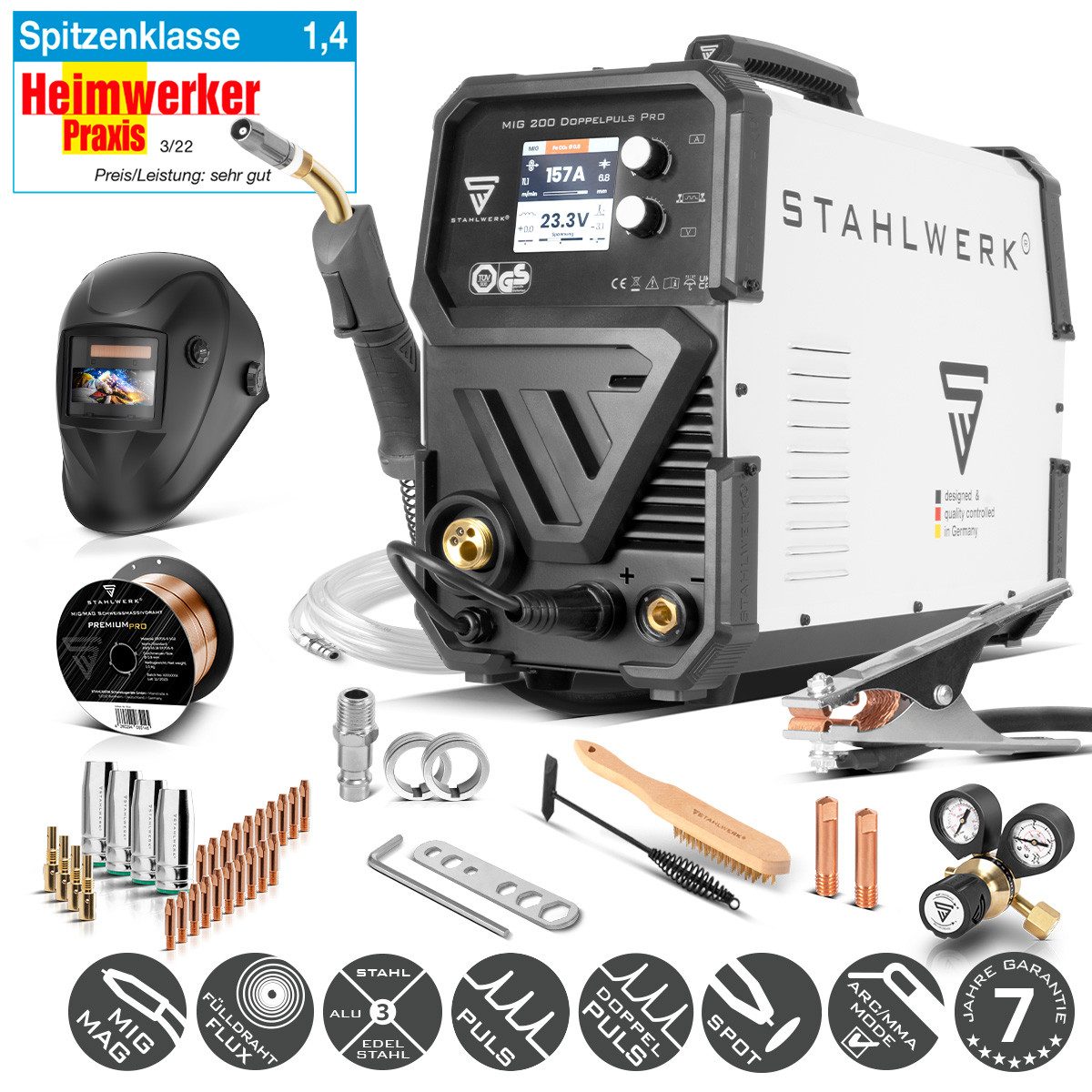 STAHLWERK Schutzgasschweißgerät MIG MAG 200 Doppelpuls Pro Vollausstattung, 50 - 200 A, Packung, 1-tlg., Vollausstattung, mit AK25 Schweißbrenner