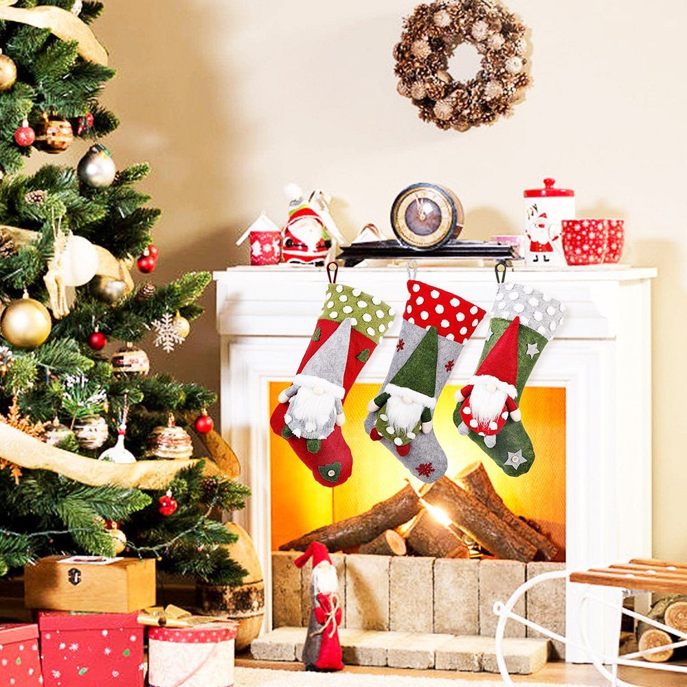 Weihnachtsstrumpf Socken Rosnek Christbaumschmuck (Rot+Grün+Grau)*3 für Deko Neujahr (9-tlg), Weihnachtsbaum Geschenktüte,