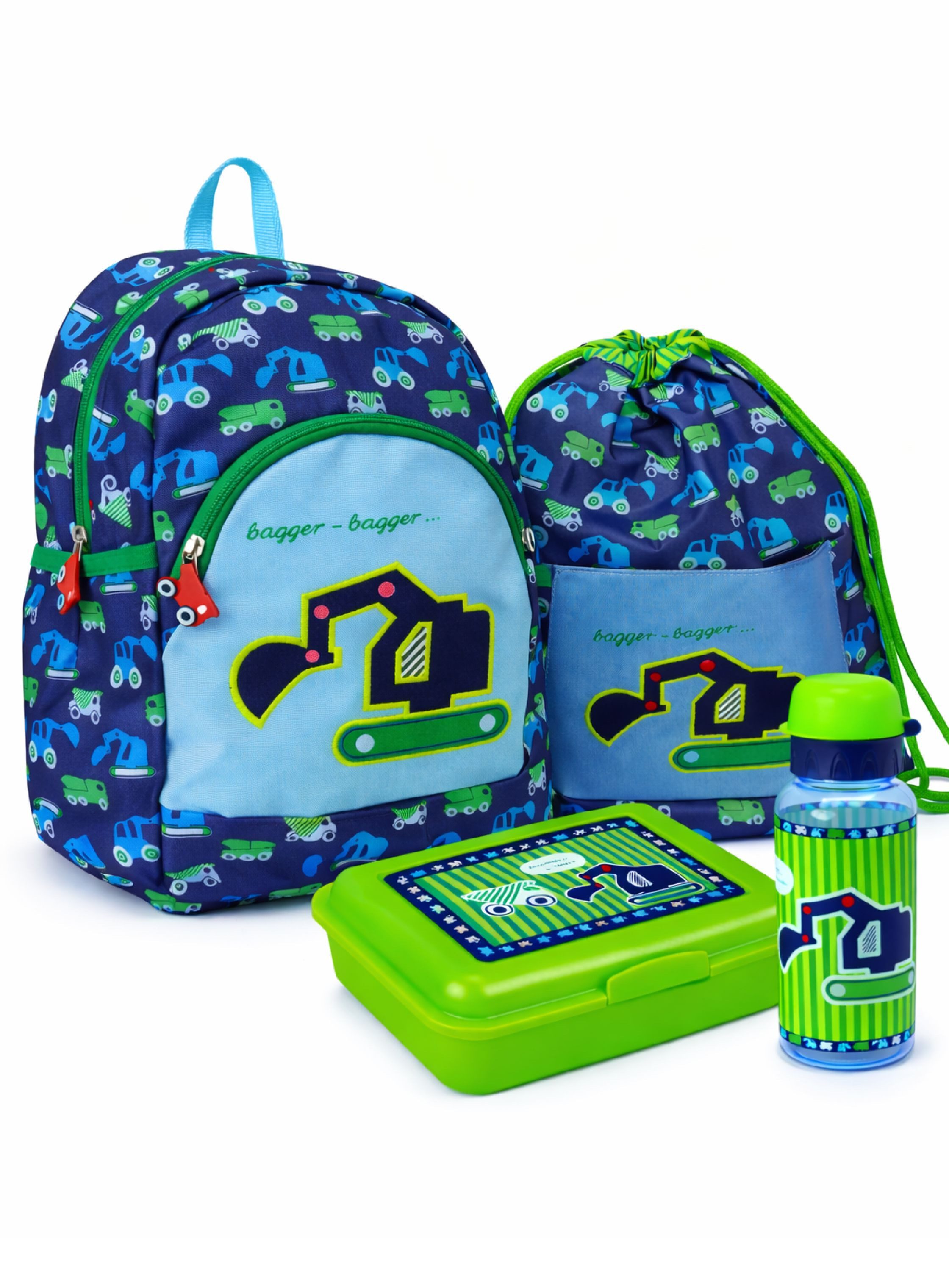 COPPENRATH DIE SPIEGELBURG Kinderrucksack Rucksack Kleine Freunde BAGGER "Wenn ich mal groß bin..." (Set, 4-tlg., inkl. Turnbeutel, Brotdose und Trinkflasche), mit Brustgurt; Applikation & Stickereien