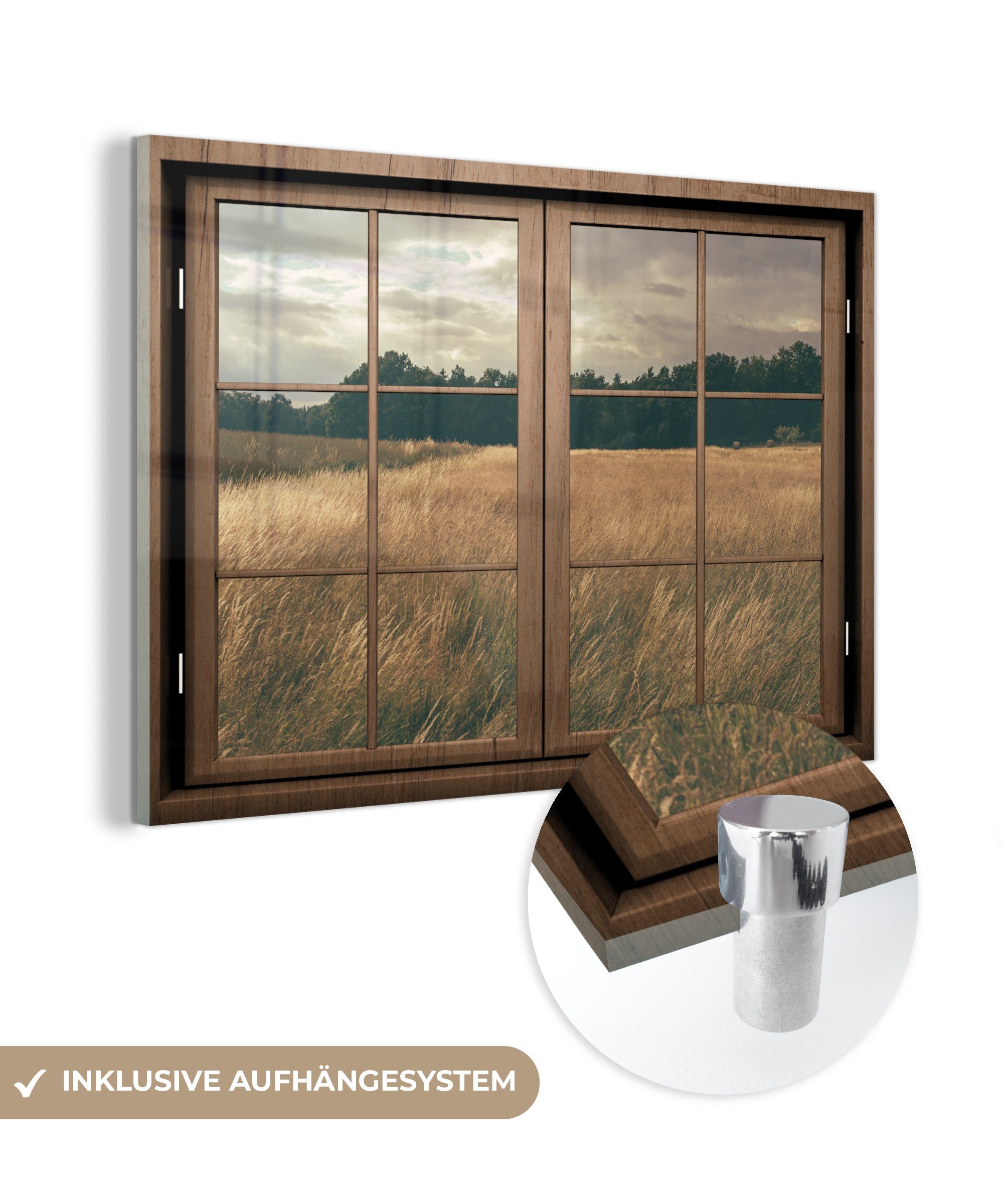MuchoWow Acrylglasbild Blick durch - Fenster - Weizenfeld, (1 St), Glasbilder - Bilder auf Glas Wandbild - Foto auf Glas - Wanddekoration