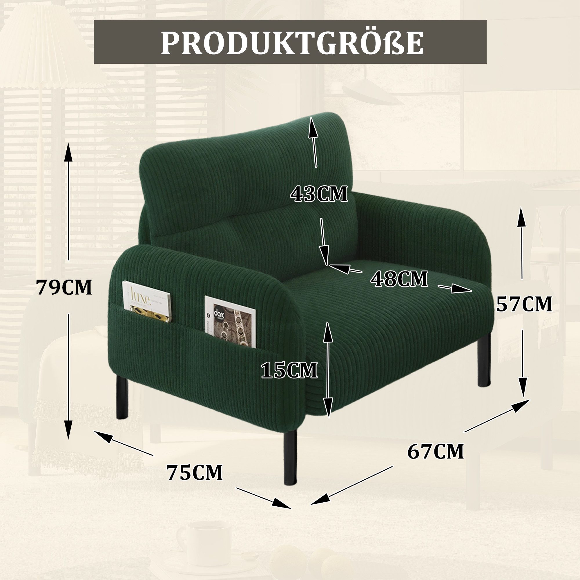 BlingBin Sessel Relaxsessel Polsterstuhl Loungesessel (1-St., Cordstoff, Armlehnen mit Seitentaschen auf beiden Seiten), für Wohnzimmer, Schlafzimmer, Arbeitszimmer, 67x75x79 cm