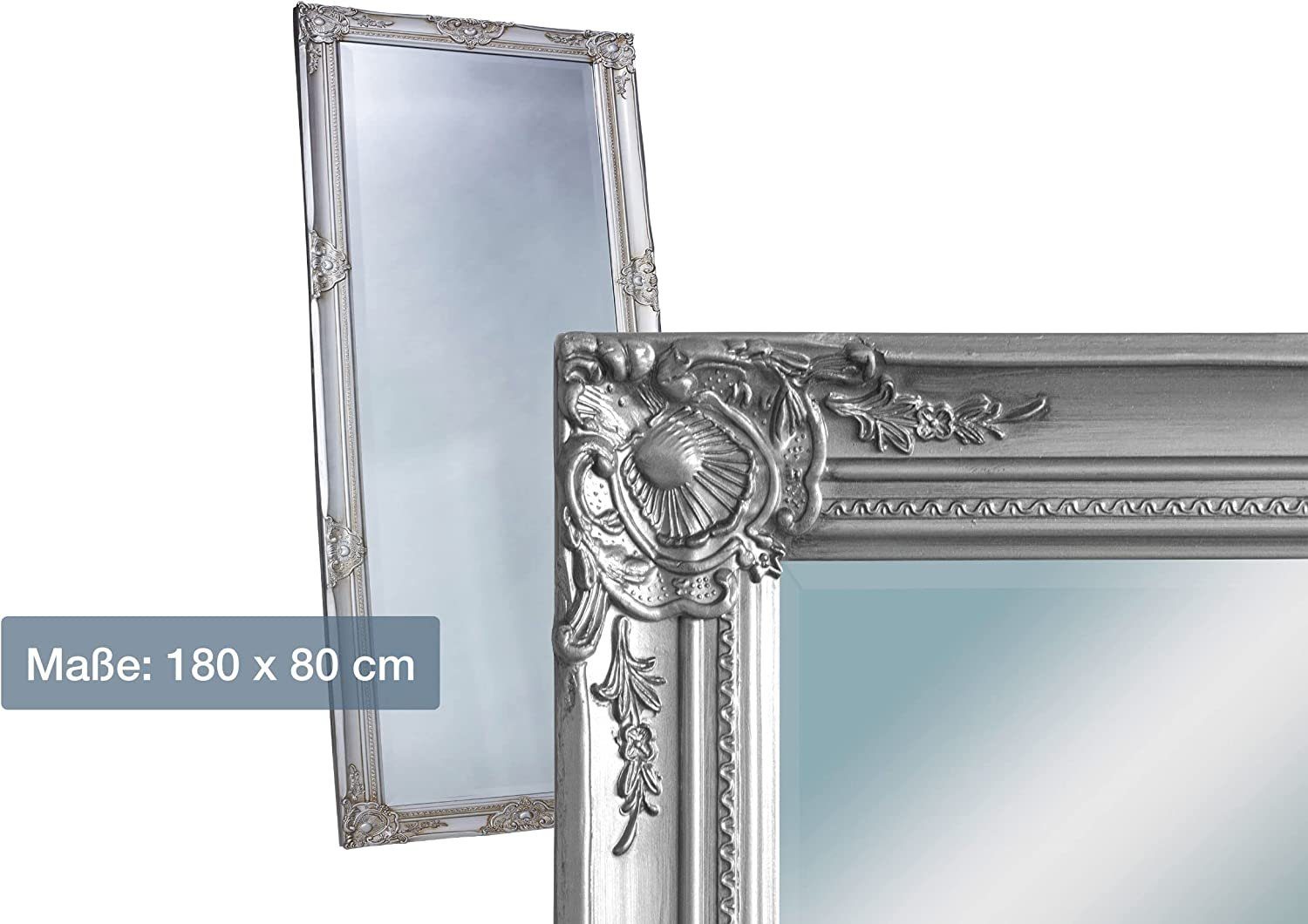 dasmöbelwerk Wandspiegel Wandspiegel Barock Silber 180x80 Spiegel Antik-Stil Ganzkörperspiegel, Spiegelfläche mit edlem Facettenschliff