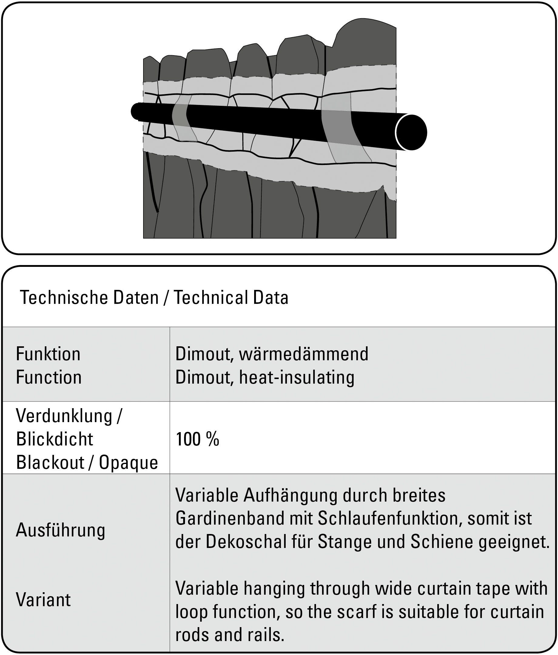 Gardine Schal mit Gardinenband Stoff GARDINIA, Schlaufen (1 verdeckte verdunkelnd, Dimout St), Dimout, schwarz