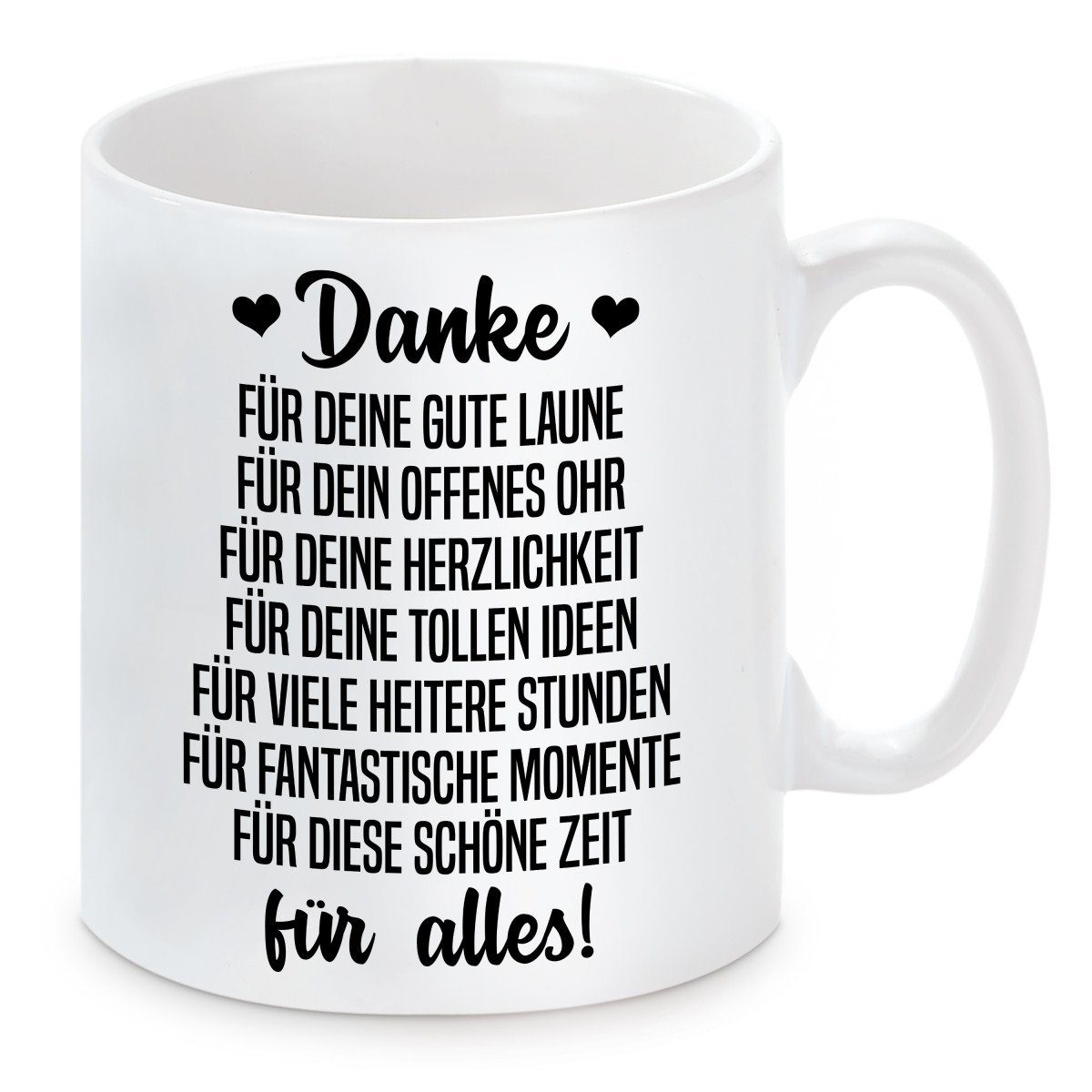 Herzbotschaft Tasse Kaffeebecher mit Motiv Danke für Alles, Keramik, Kaffeetasse spülmaschinenfest und mikrowellengeeignet
