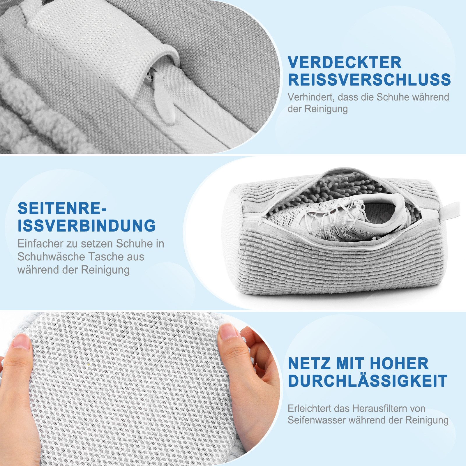 Teletrogy Wäschenetz Schuhwaschbeutel Waschmaschine, Weiß/Grau/Blau, Schuhe Wäschesack,(1-St), Schuhbeute Schuhwaschbeutelmit Reißverschluss (360° Rundum-Reinigung)