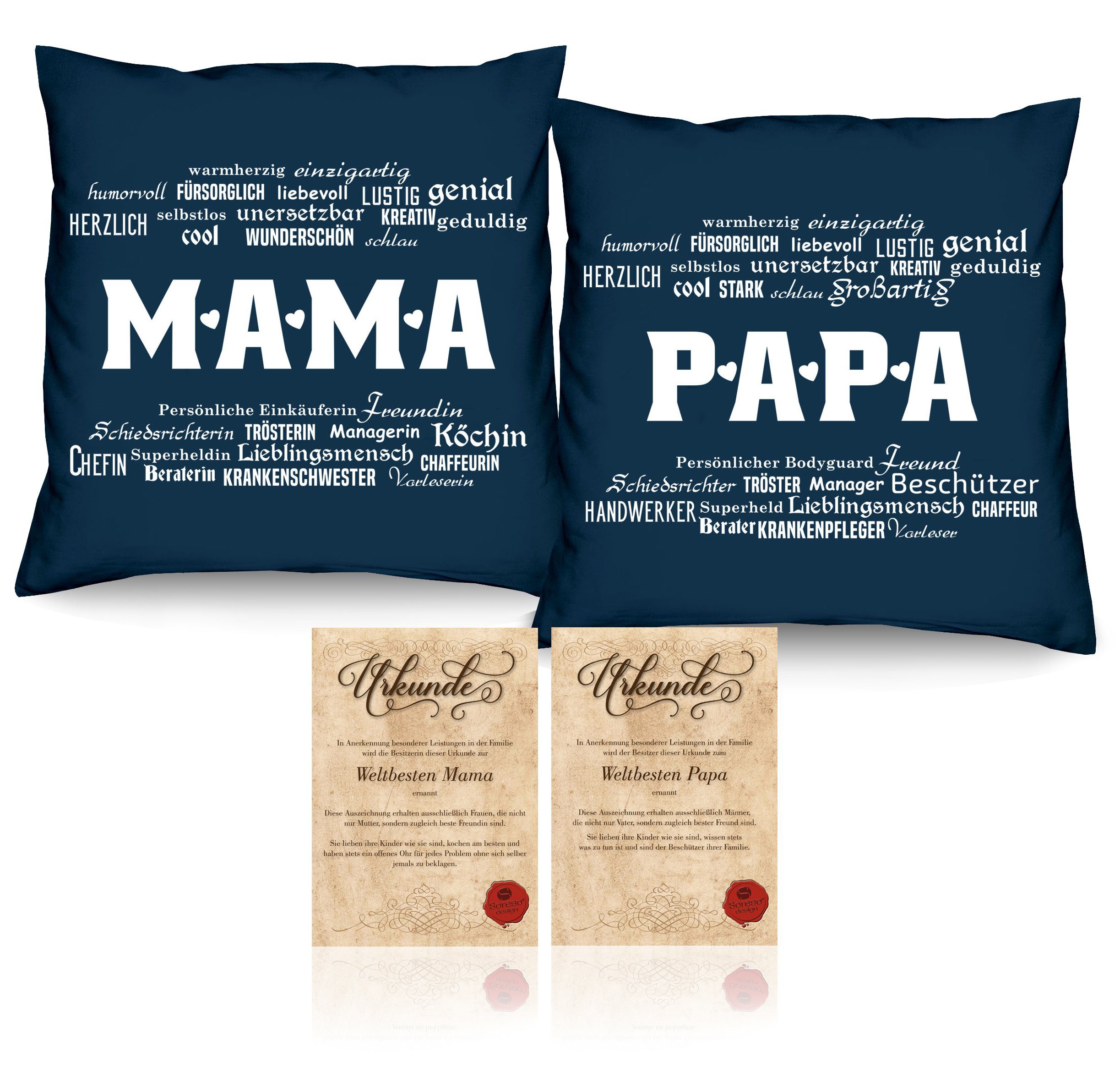 Papa Mama Set Kissen Geschenk-Set 2 Geschenk Weihnachtsgeschenk, Dekokissen Eltern Soreso® Weihnachten