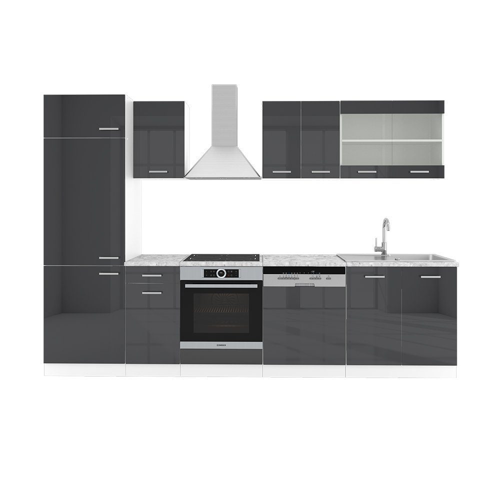 Livinity® Küchenzeile R-Line, Anthrazit Hochglanz/Weiß, 300 cm, AP Anthrazit