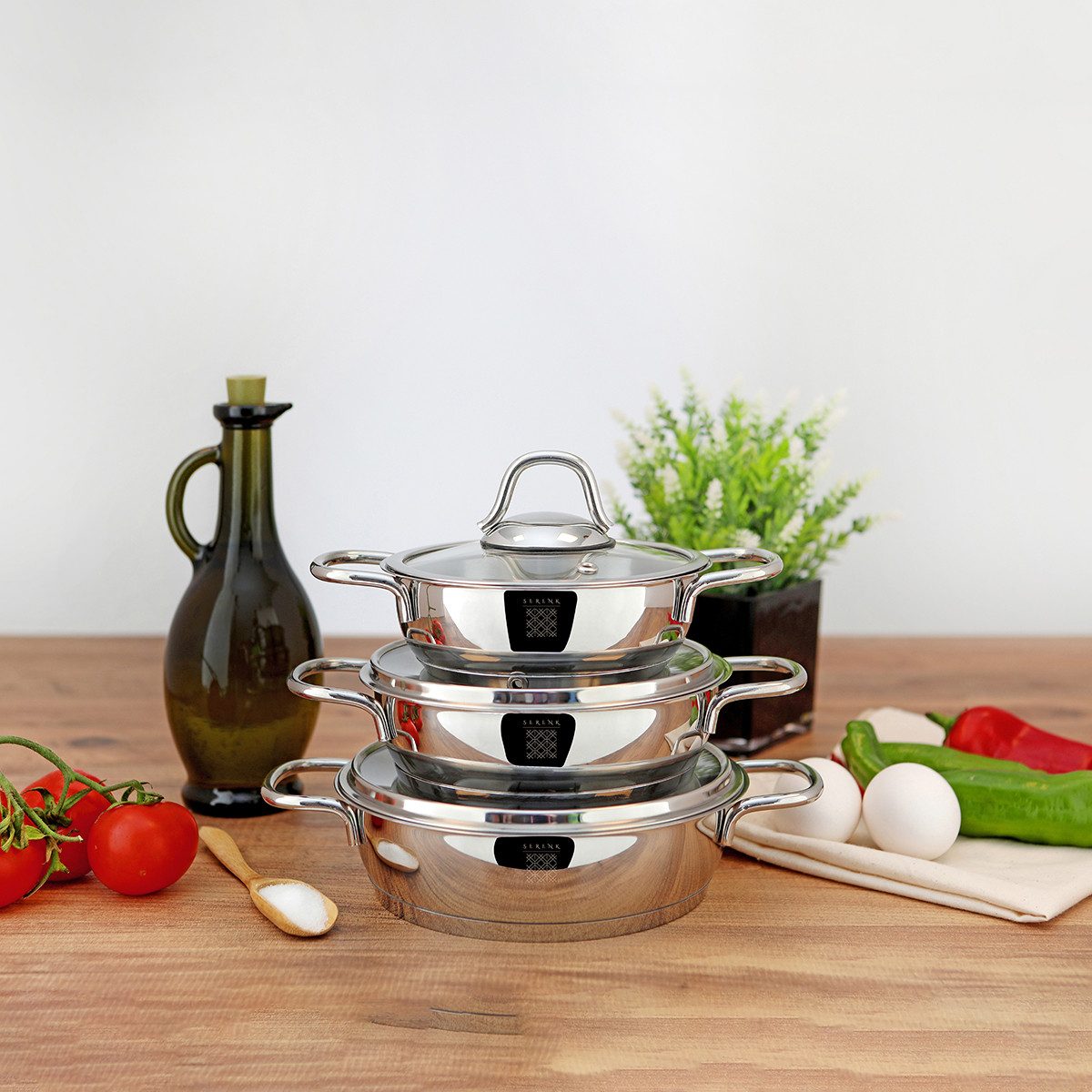 SERENK Servierpfanne Serenk Servierpfannen Set Edelstahl 14/16/18 cm mit Glasdeckel