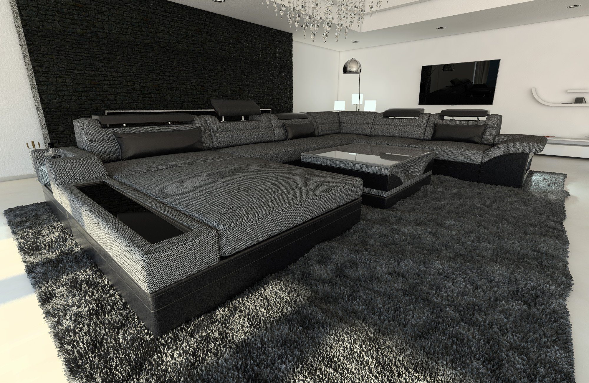 Grau-Schwarz Dreams Couch Polster H12 mit wahlweise Schwarz mit Stoffsofa, als Designersofa Sofa Sofa Wohnlandschaft Schlafsofa, XXL Bettfunktion U Mezzo LED, Form