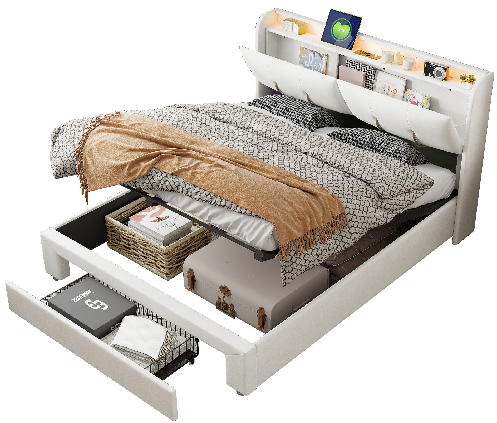 FUROKOY Stauraumbett Doppelbett Polsterbett mit Lattenrost günstig online kaufen