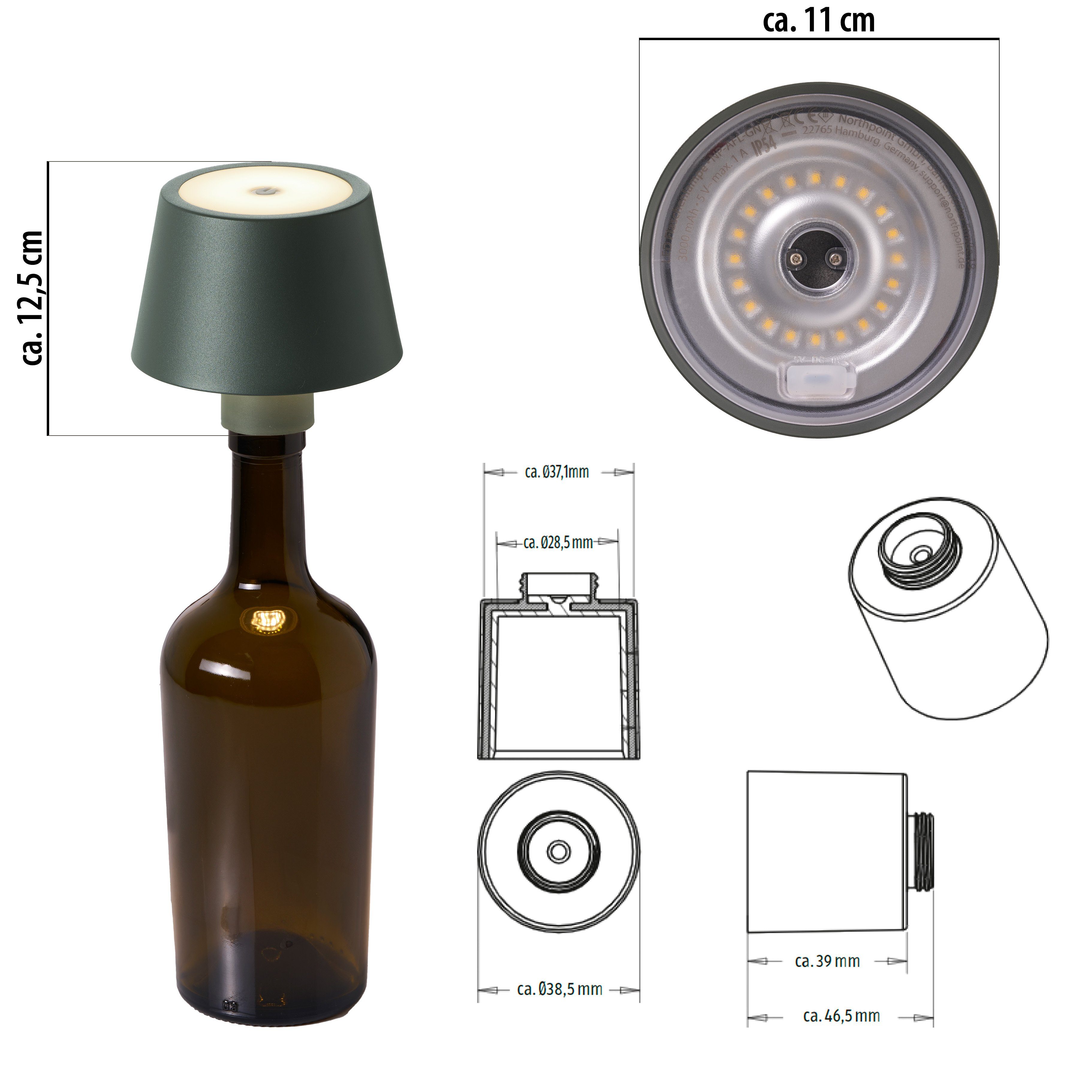Northpoint Tischleuchte Dimmbar LED & Flaschenlampe Touchsensor Tischleuchte Akku mit olivegrün Akku