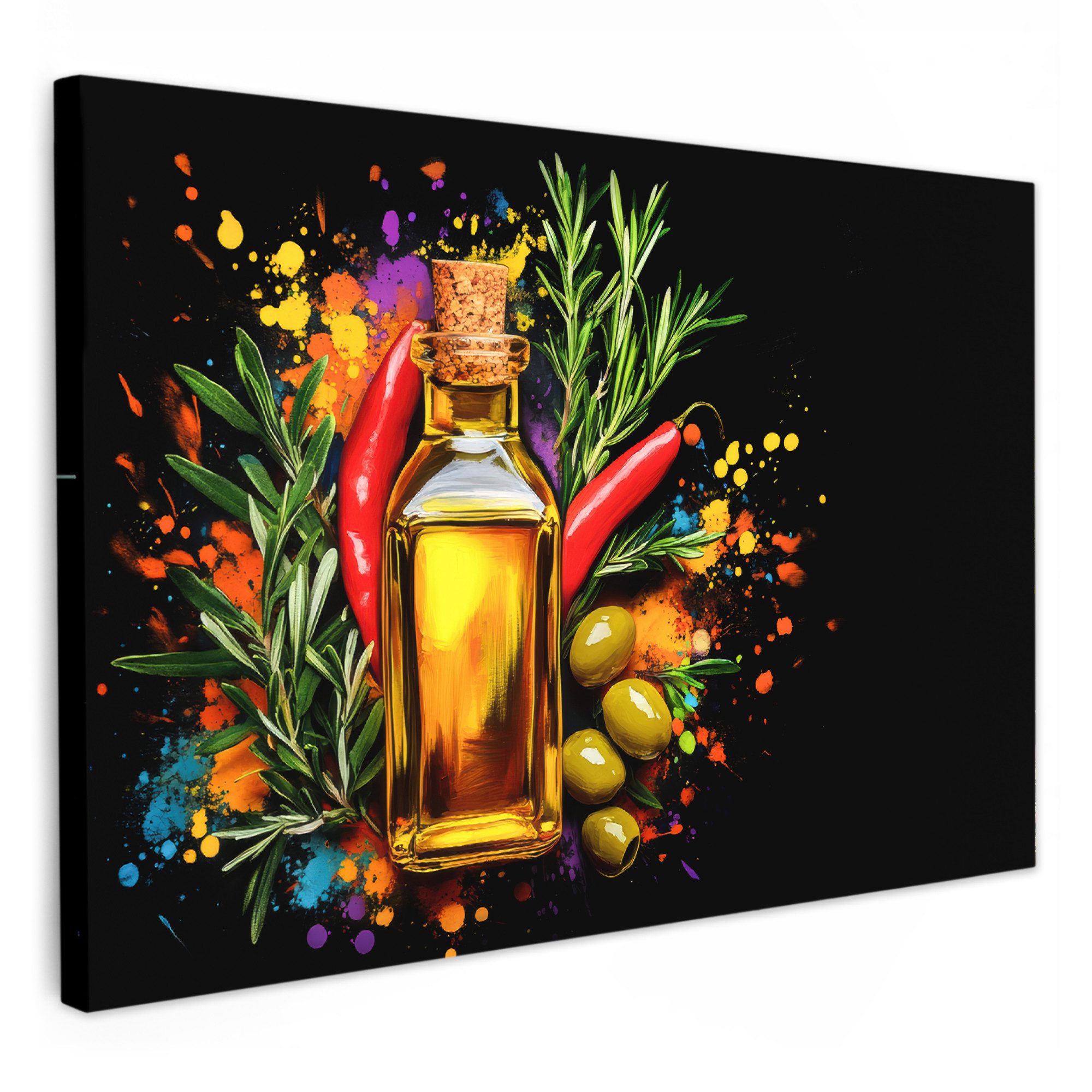 OneMillionCanvasses® Leinwandbild Olivenöl - Graffiti - Pfeffer - Oliven - günstig online kaufen