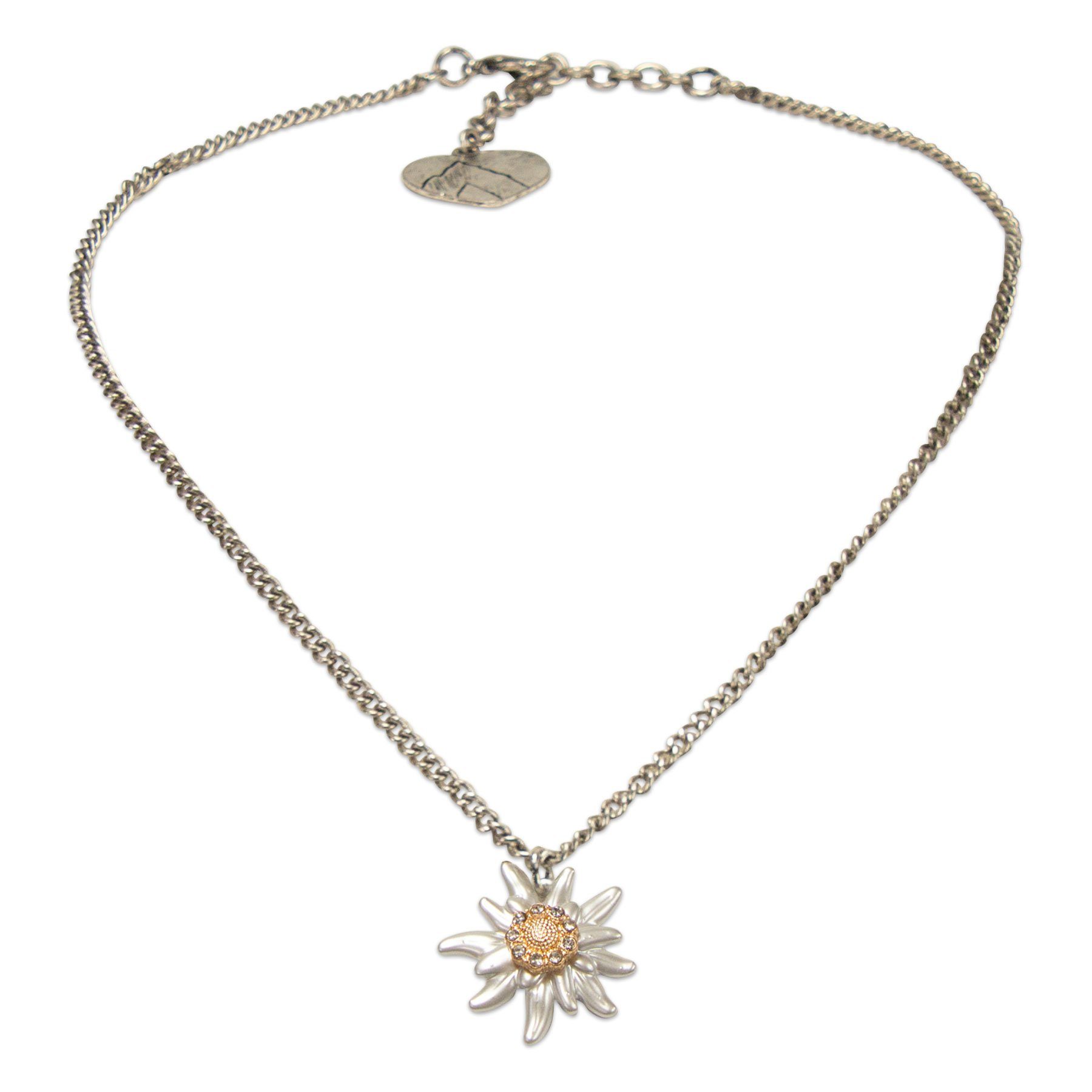 Alpenflüstern Collier Metall-Trachtenkette Greta mit Strass-Edelweiß klein (antik-silber-farben), - Damen-Trachtenschmuck Dirndlkette