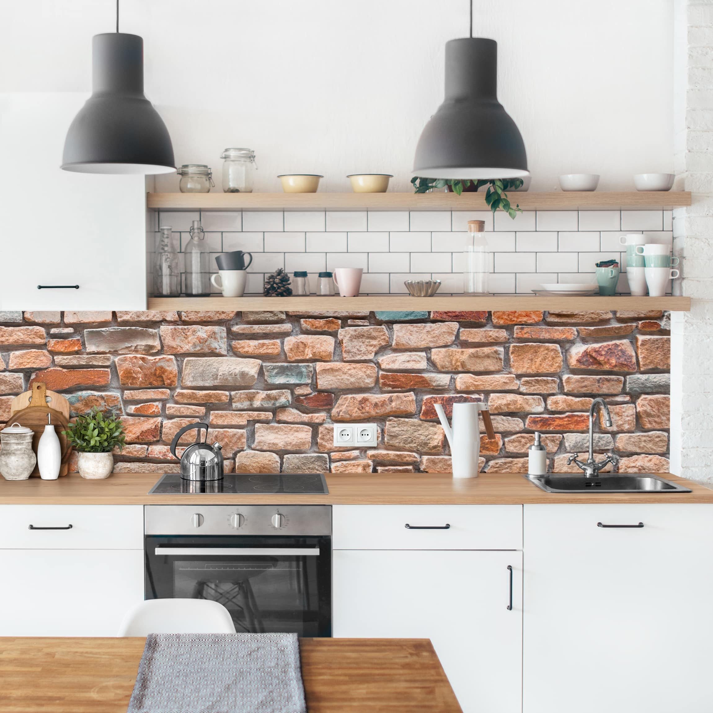 Bilderdepot24 Küchenrückwand selbstklebend rot Muster Landhaus, (1-tlg., Nischenrückwand - für Fliesenspiegel ohne Bohren - matt), Nischenrückwand 3D-Effekt fugenlos Wandpaneel Küche Herd