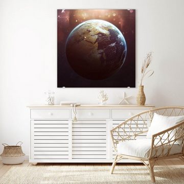 Primedeco Glasbild Wandbild Quadratisch Erde aus dem Weltraum mit Aufhängung, Weltall