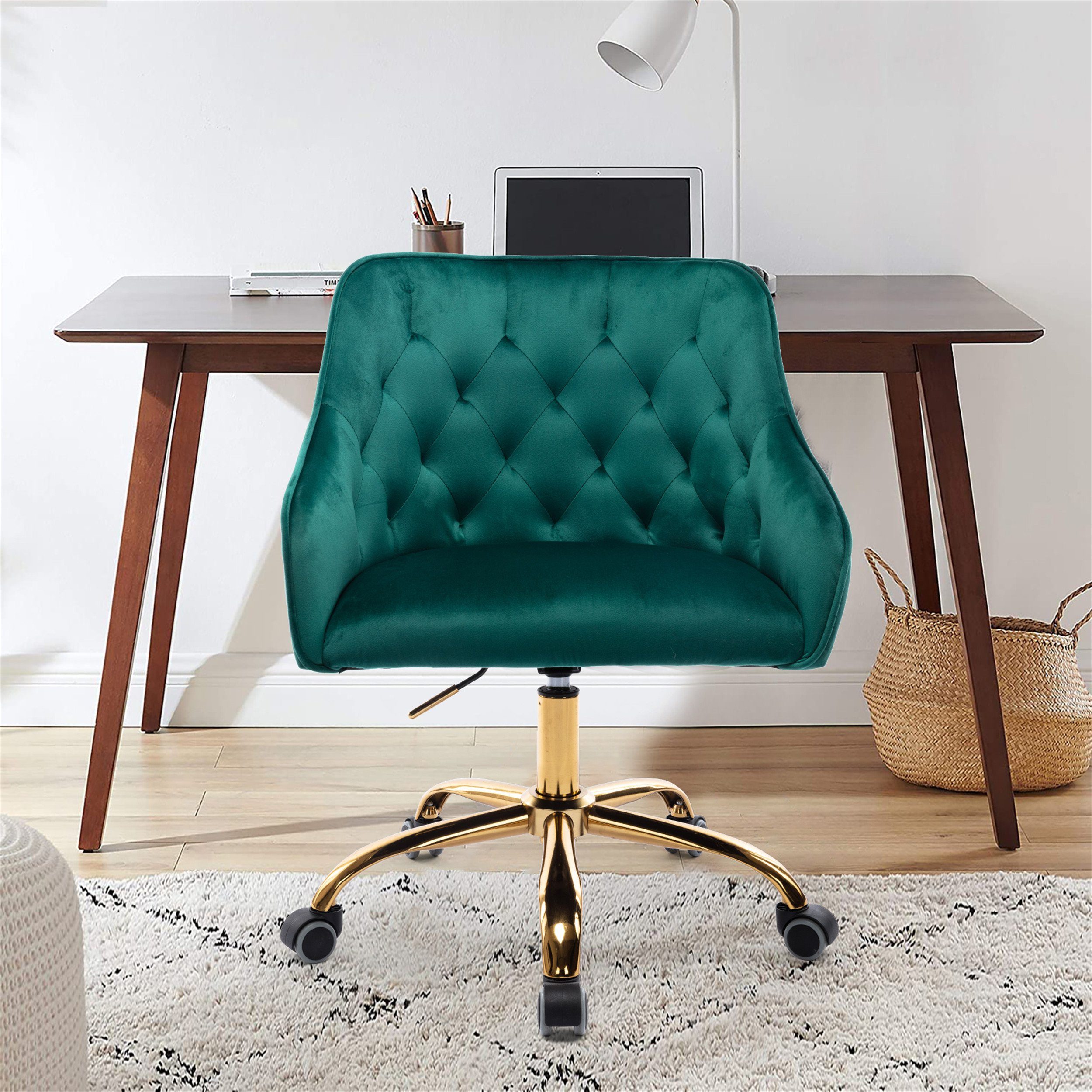 REDOM Stuhl Samt Bürostuhl, Schminkstuhl, 360° drehbar, höhenverstellbar (hübscher schicker Stuhl, goldener Bürostuhl), hübscher schicker Stuhl, goldener Bürostuhl grün
