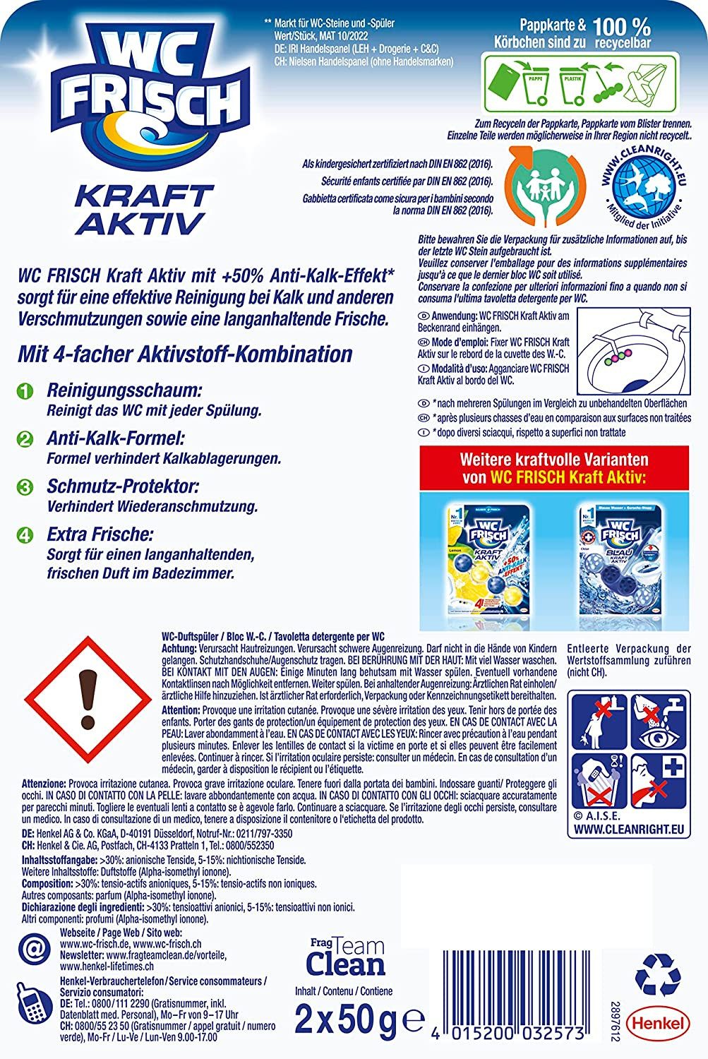 WC Frisch WC FRISCH Duftspüler Hawaii Kraft Aktiv Frische 100g WC-Reiniger (Doppelpack, [2-St. Duftsteine für langanhaltend frischen Duft + 50 % Anti-Kalk Effekt)