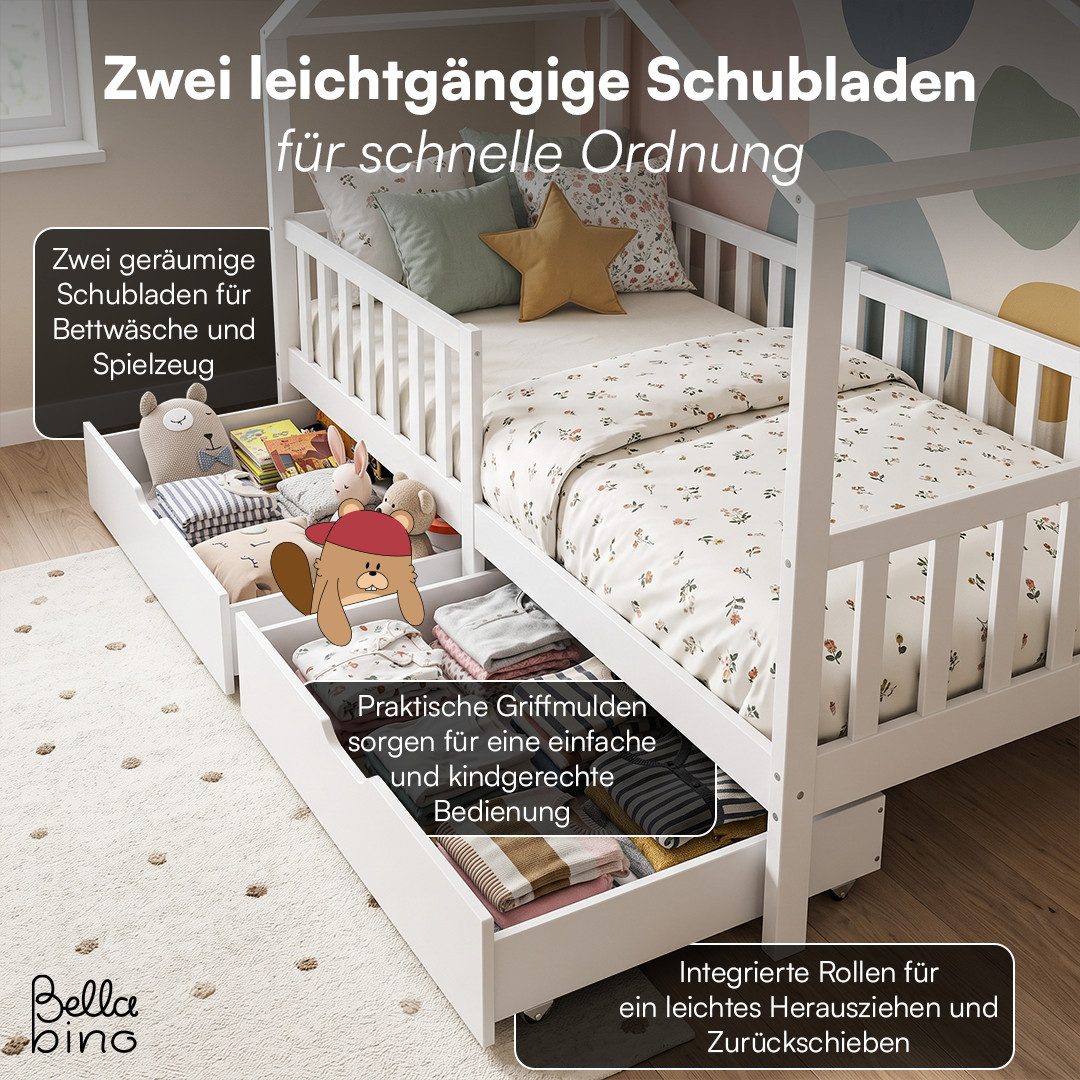 Bellabino Kinderbett Bia mit Rausfallschutz & Lattenrost (weiß, mit zwei Schubladen), Kinderbett aus Kiefernholz, verfügbar in 80x160/90/120/140x200 cm – Bild 4 von 5