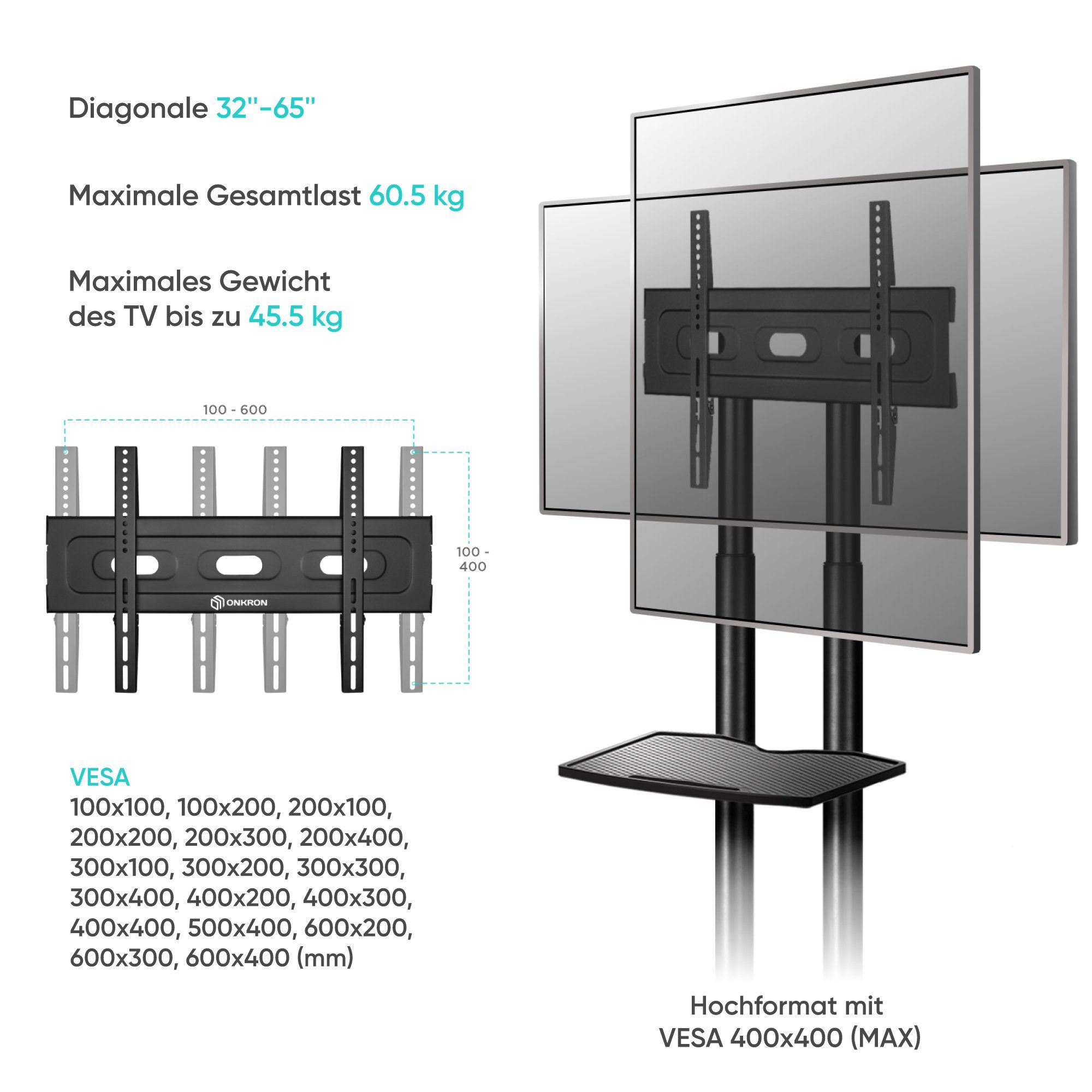 TV bis TS1351, TV-Ständer, 40-65 Ständer mit VESA Zoll Ständer 45 100x100-600x400 TV TV kg schwarz Zoll, TV Standfuss, Ständer Rollen Stand, Halterung) TV 65 TV ONKRON mm (bis TS1351,