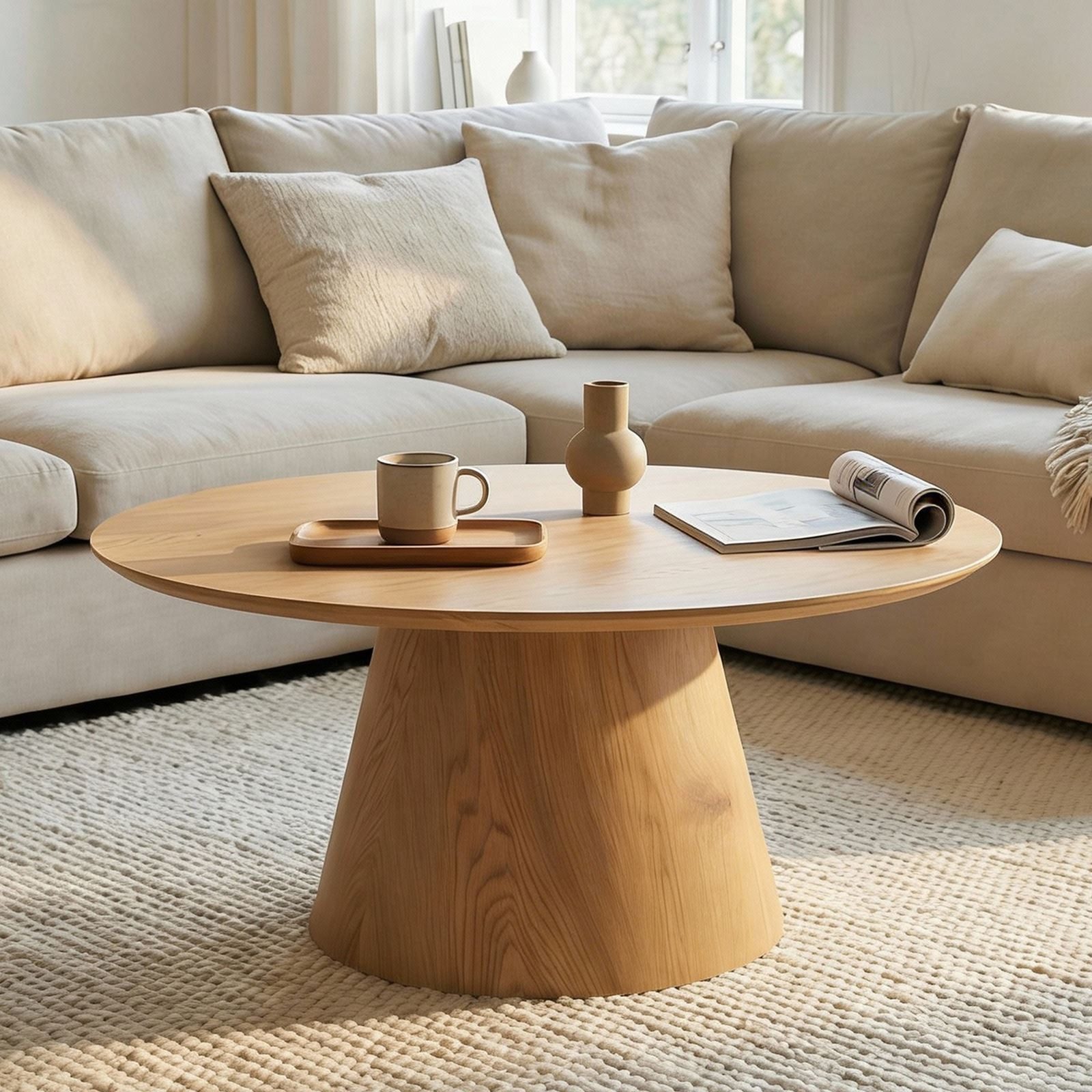 IDIMEX Couchtisch RUDA, Wohnzimmertisch rund 85 cm mit modernem Kegelfuß MDF Eiche Finish