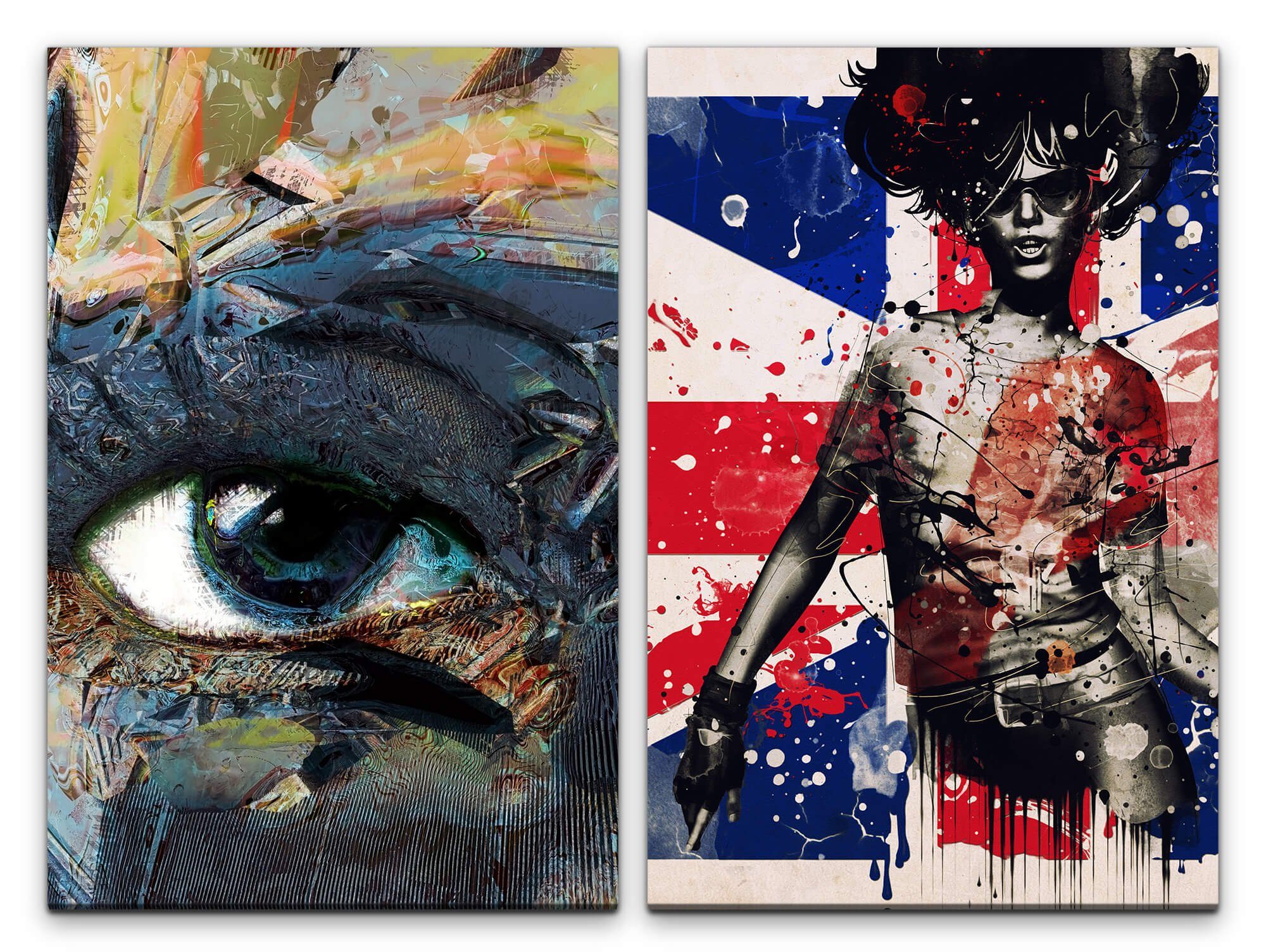 Sinus Art Leinwandbild 2 Bilder je 60x90cm Pop Art Britannien Flagge Farbenfroh Flecken junge Frau Auge