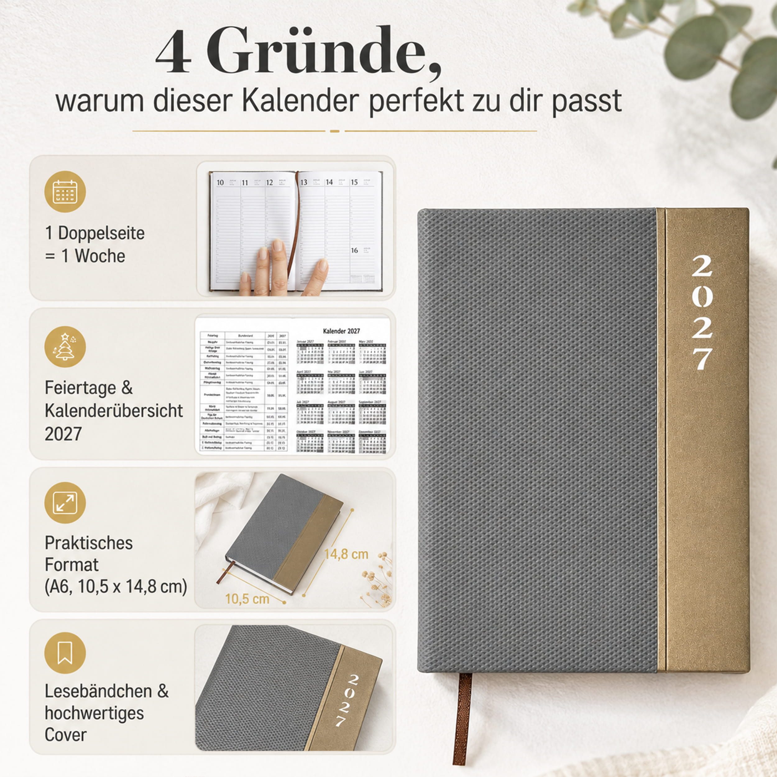 AMLI Taschenkalender Taschenkalender 2027 A6 1 Woche 2 Seiten Softtouch Grau, Softtouch-Cover, Leseband, Ferien & Feiertage, Jahresvorschau – Bild 2 von 5
