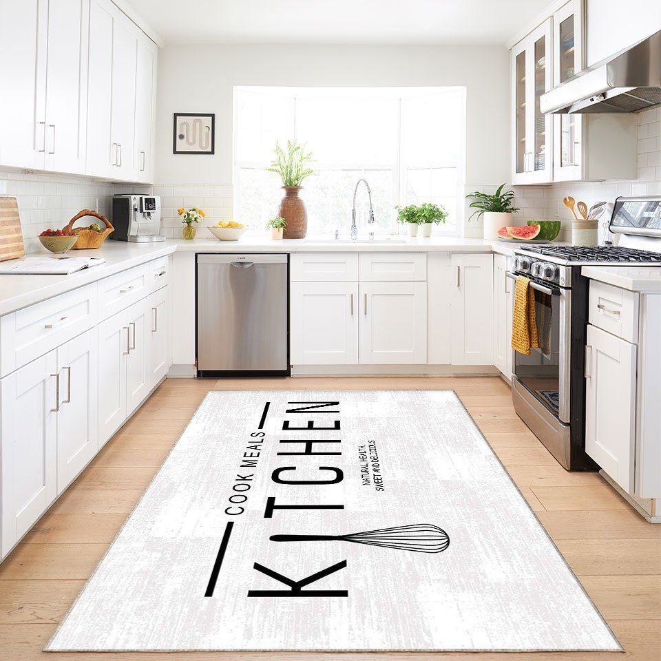 Teppich Küchenläufer Kitchen Cook Meals Küchenmatte Weiß Waschbar & Praktisch, Jungengel Textilien, Höhe: 6 mm, Universell einsetzbar, Fußbodenheizungsgeeignet | Kurzflor-Teppiche