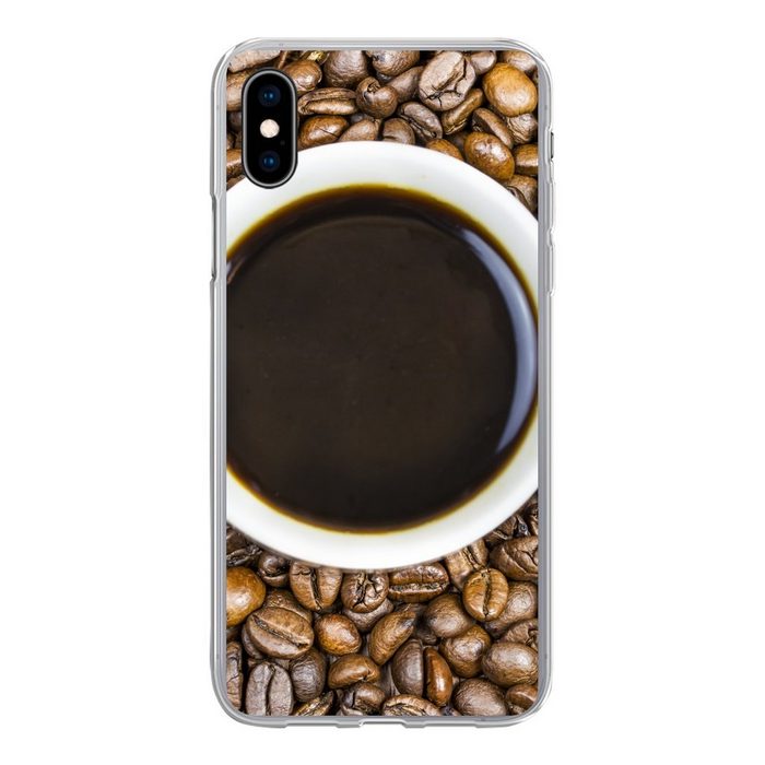 MuchoWow Handyhülle Eine Tasse Kaffee ist von einem Haufen Kaffeebohnen umgeben Handyhülle Apple iPhone Xs Max Smartphone-Bumper Print Handy