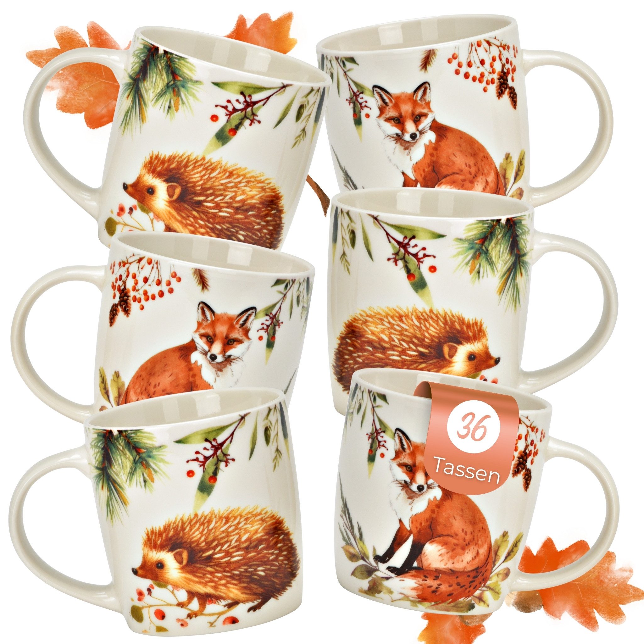 matches21 HOME & HOBBY Tasse Herbst Tassen 36er Set Fuchs & Igel, 350 ml Kaffeetasse aus Porzellan, 36-tlg., Porzellan, Spülmaschinenfeste & Mikrowellengeeignete Teetasse