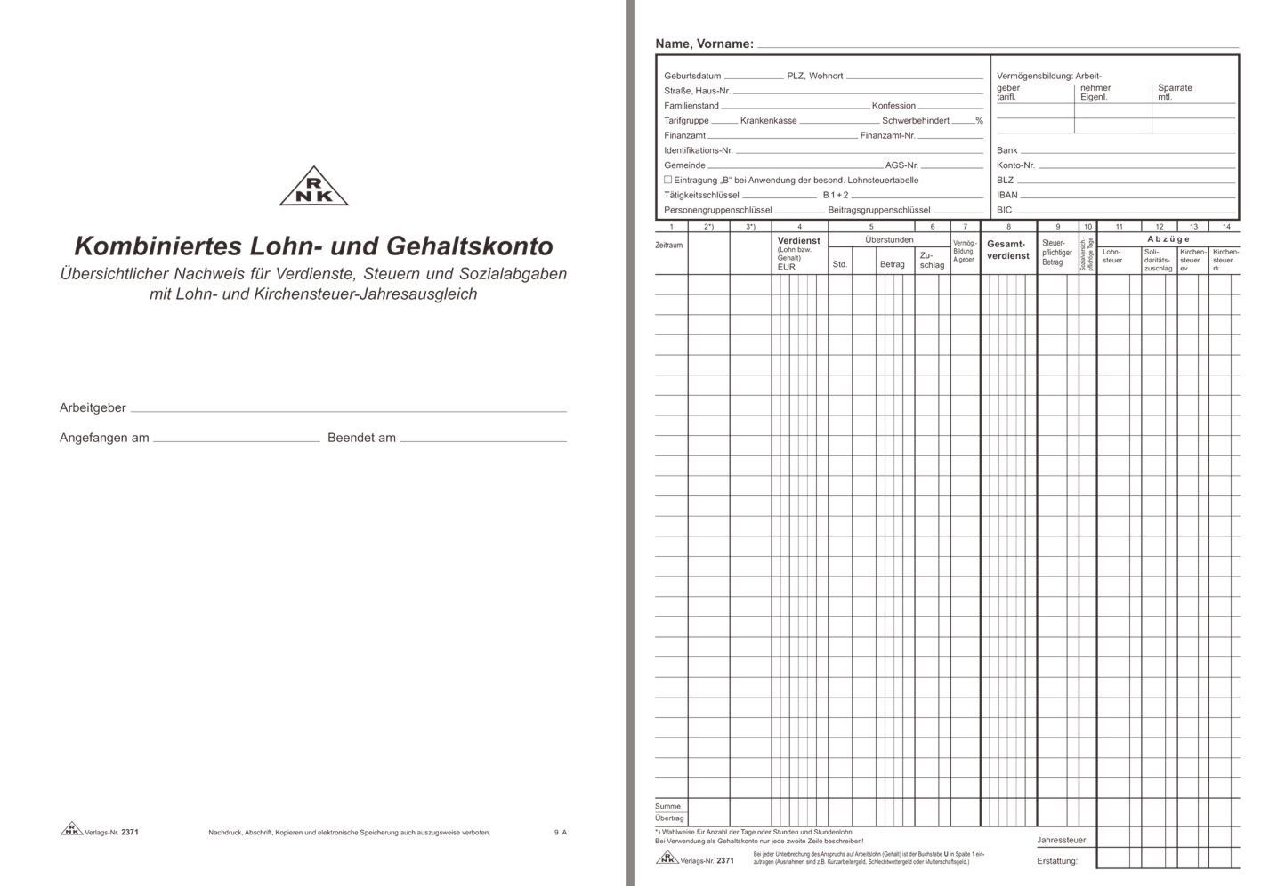 Notizbuch 2371 Kombiniertes Lohn- und Gehaltskonto - Buch, 40 Seiten, DIN A4