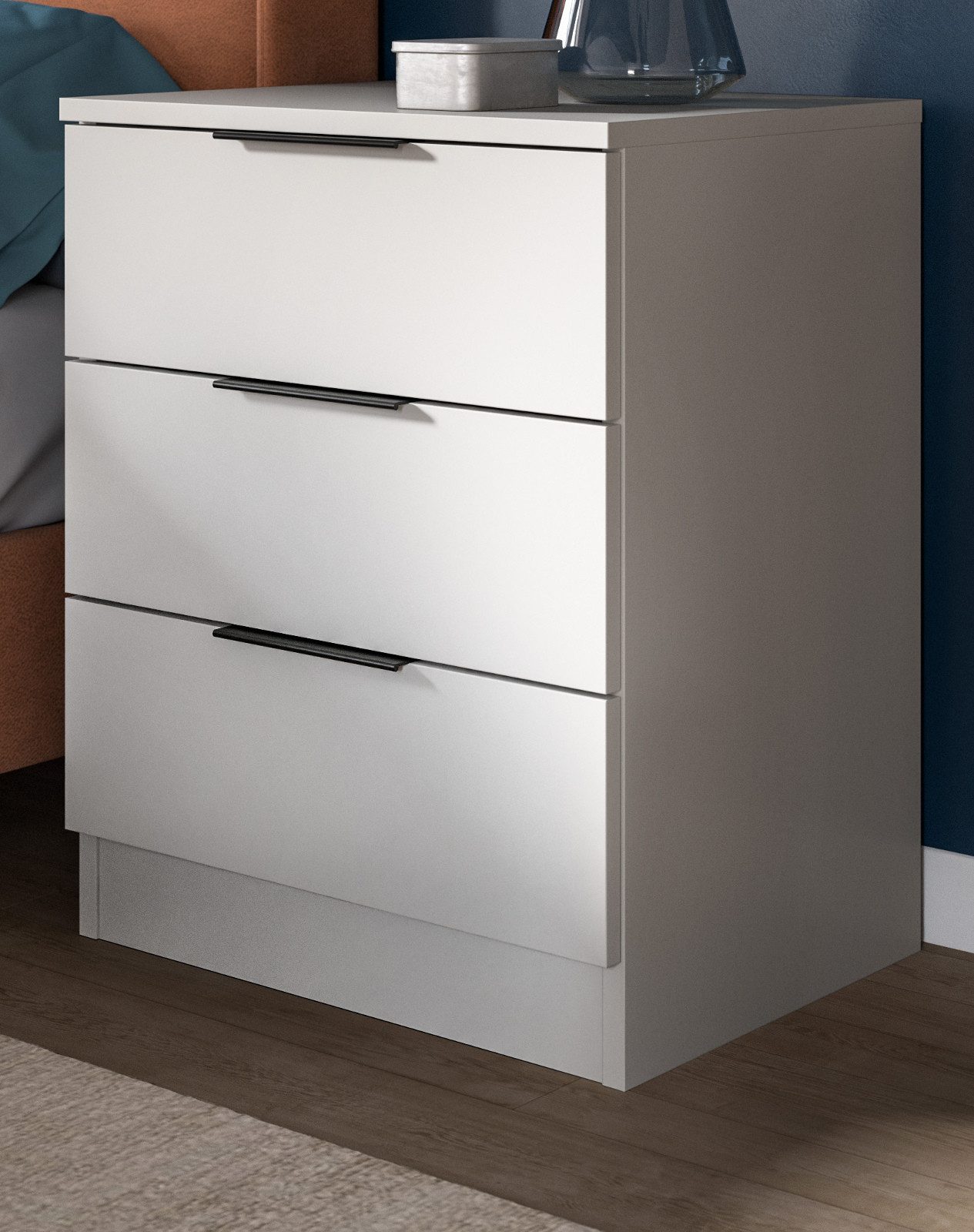 Inn.Furn Nachttisch Swan (Nachtkommode in Weiß, 3 Schubladen, 45 x 60 cm), für Boxspring geeignet, Vollauszug