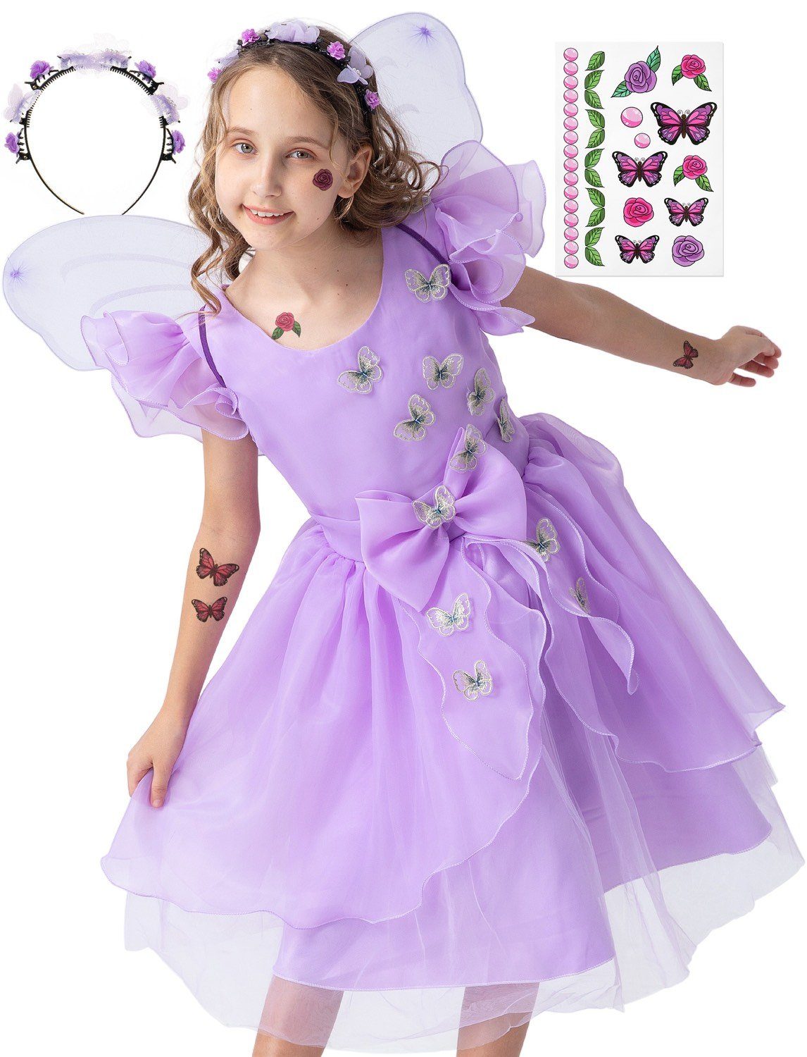 Corimori Prinzessin-Kostüm Schmetterling Kleid, Set mit Tattoos & Diadem, Feenkleid, Kostüm Mira für Fasching, lila, Größe 140/146