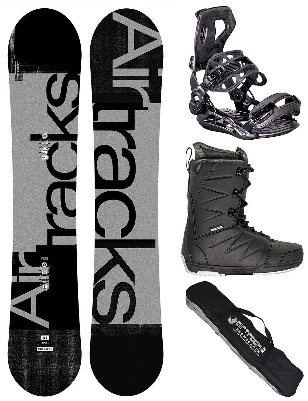 Airtracks Snowboard Komplett Set Herren Silver »Mod. 25/26 (Snowboardset Silver Camber Extra Wide+Bindung Master+Boots+Bag, 4 St., 4er Pack), Board + Bindung Master + Boots + Bag / 155 159 161 165 168 171 cm