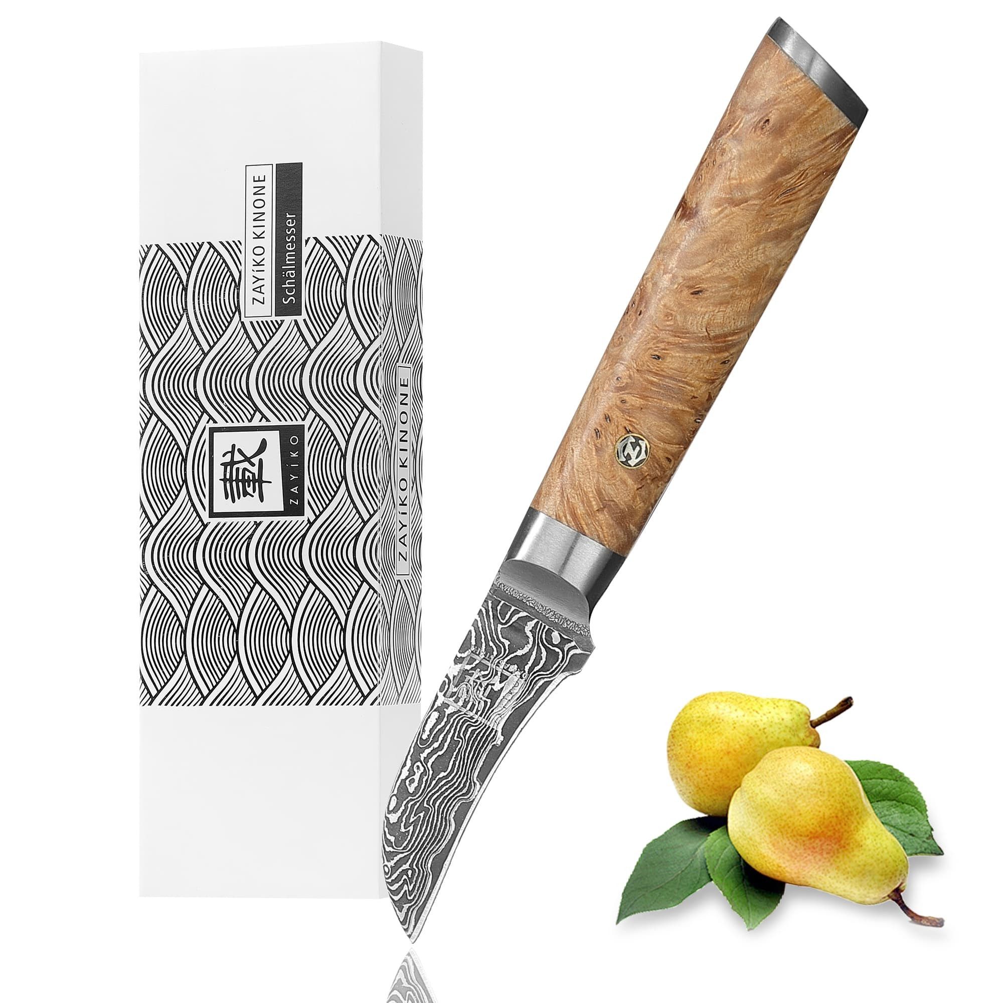 ZAYIKO Obstmesser Kinone Damast Schälmesser Küchenmesser 6 cm Klinge Wurzelholzgriff, schwarzer Damaststahl, VG10-Kern