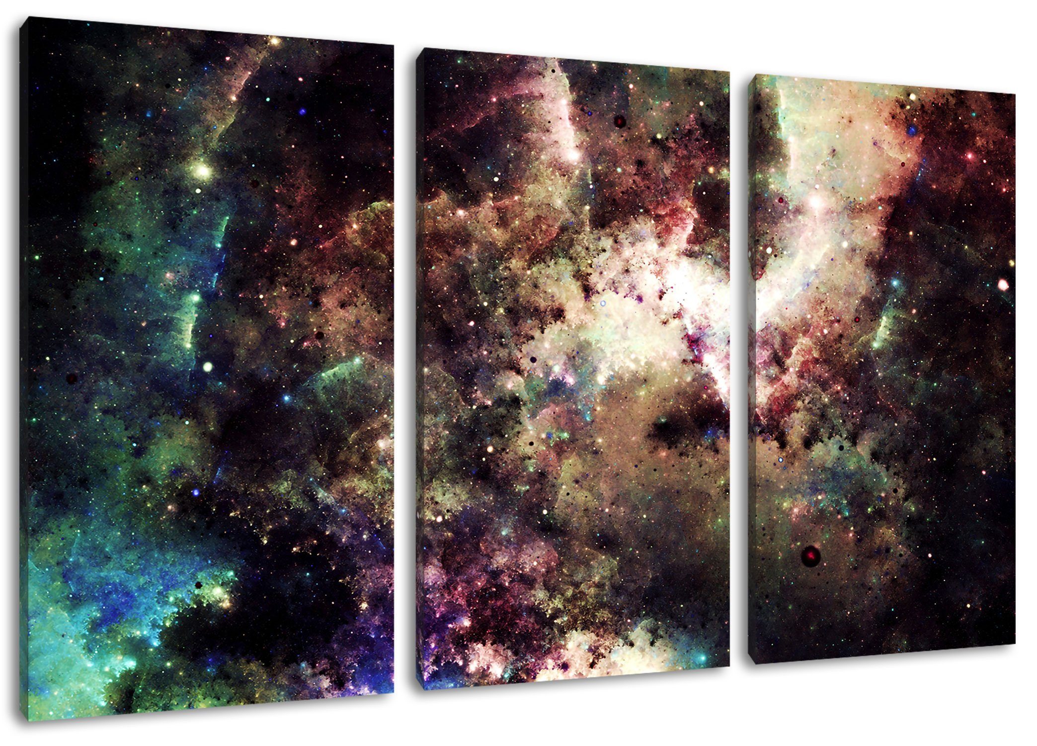 bespannt, Nebelgalaxie Sterne, und (1 (120x80cm) fertig Bunte inkl. Zackenaufhänger Leinwandbild Sterne Leinwandbild St), und Bunte Pixxprint 3Teiler Nebelgalaxie
