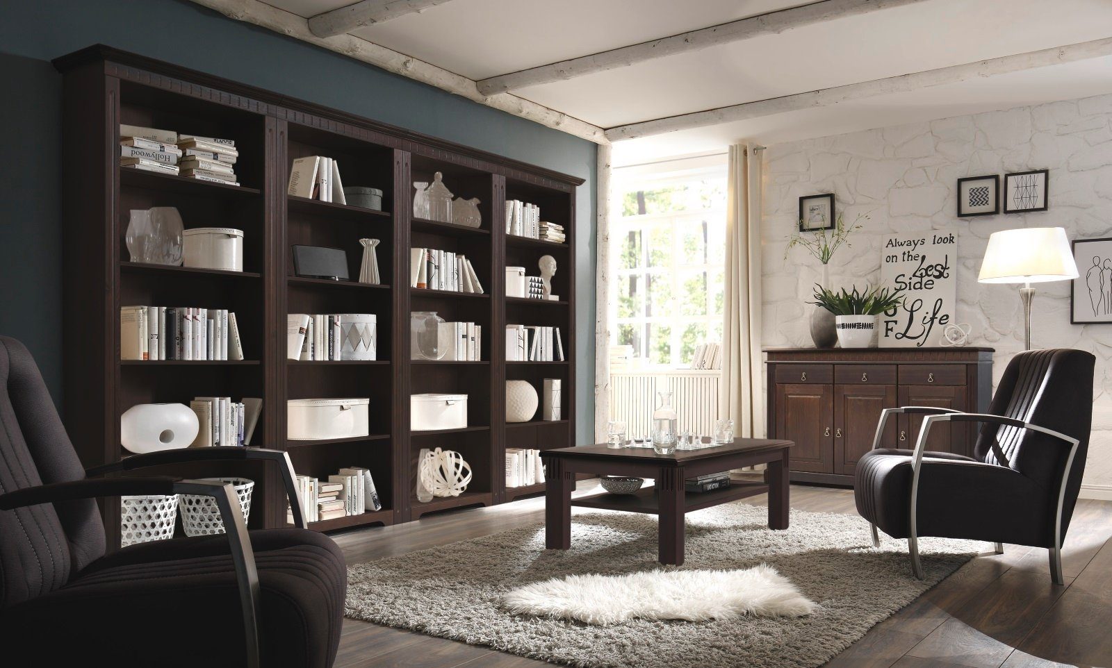 Empinio24 Bücherwand Cordoba, Breite 321 cm, Kiefer massiv im Landhaus Stil